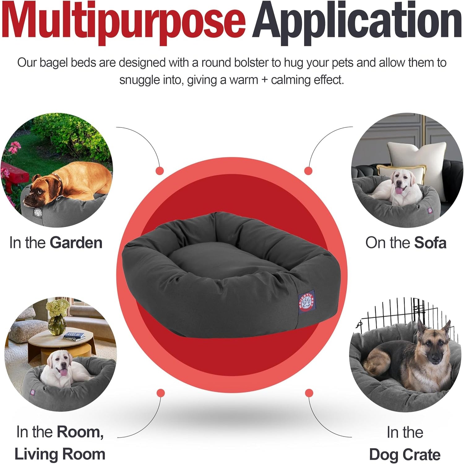 Majestic Pet 32-inch bagel-shaped calming dog bed with soft, washable fabric and cozy round design for small to medium dogs.