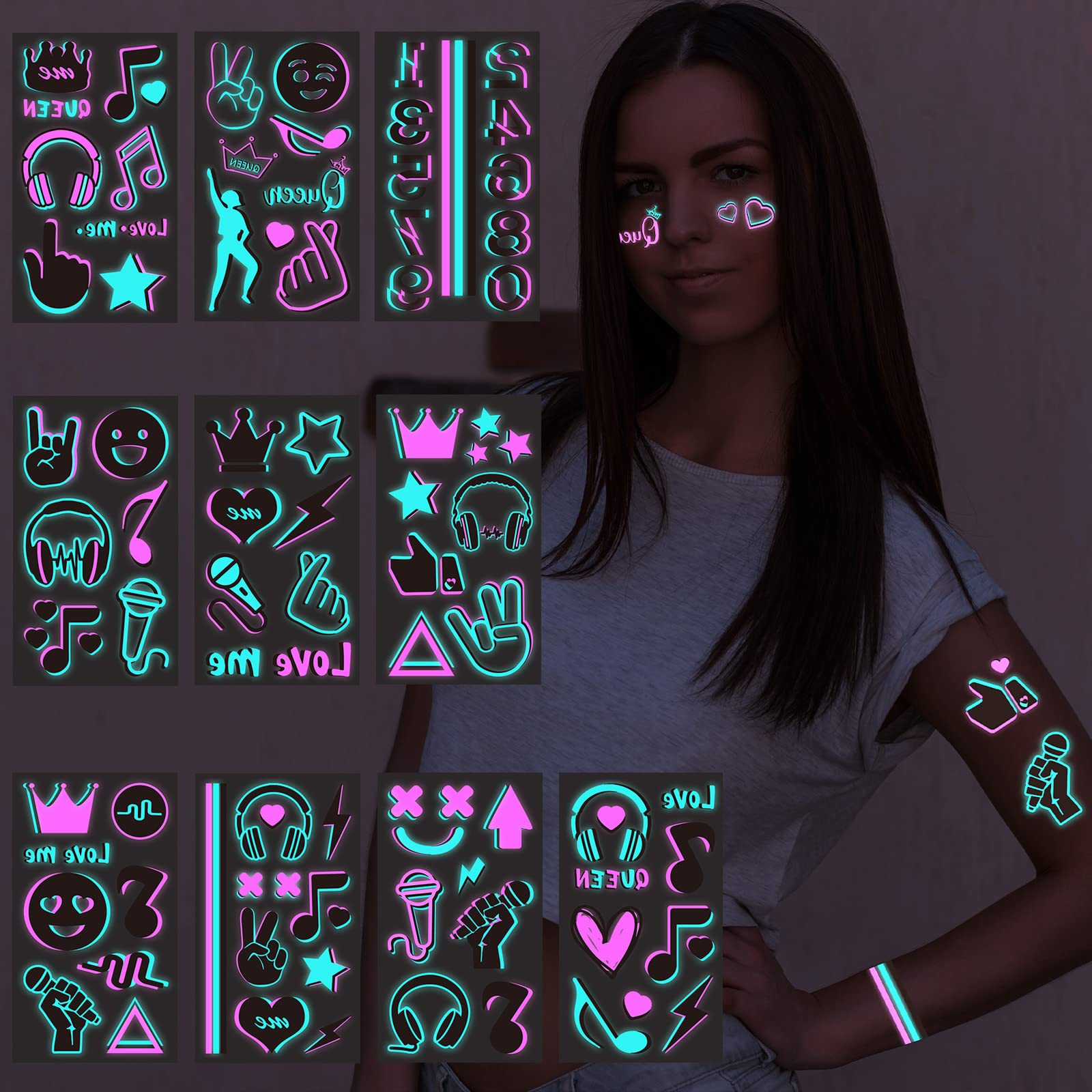 Konsait 10 Sheets Glow in the Dark Tattoos for Kids Adults - - Product Imagery