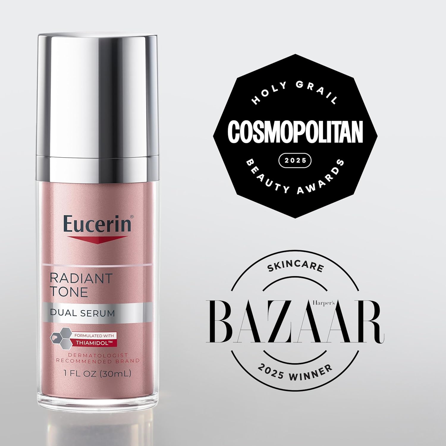 Eucerin Radiant Tone Dual Serum dark spot corrector in a 1 oz bottle, featuring a clear dropper and serum formula for skin brightening.