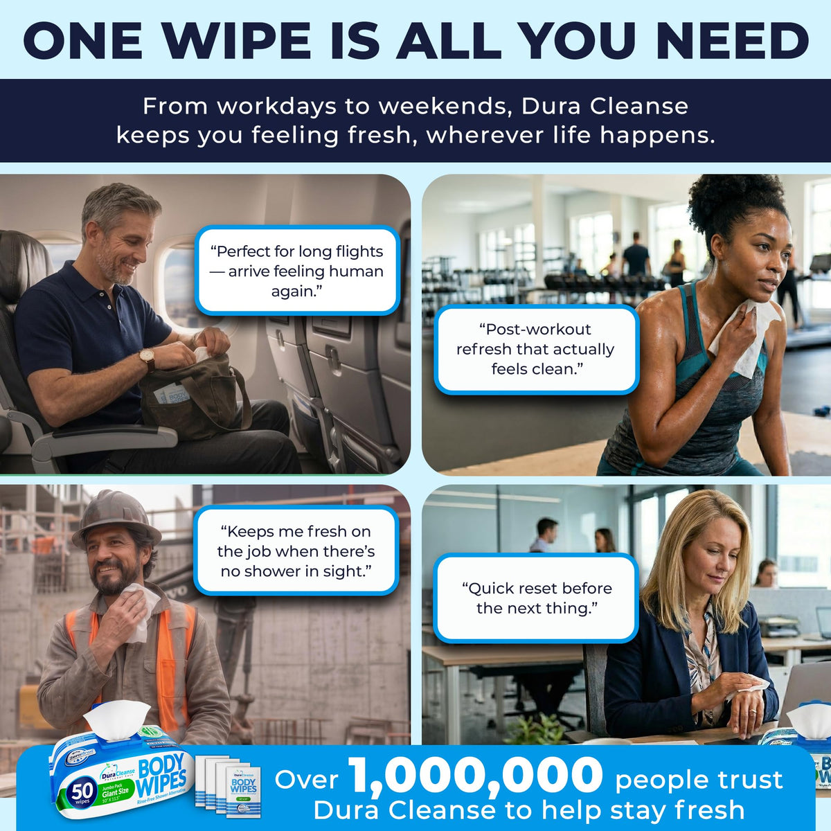 XL Body Wipes for Adults Bathing No Rinse - Dura Cleanse Official Imagery - 7