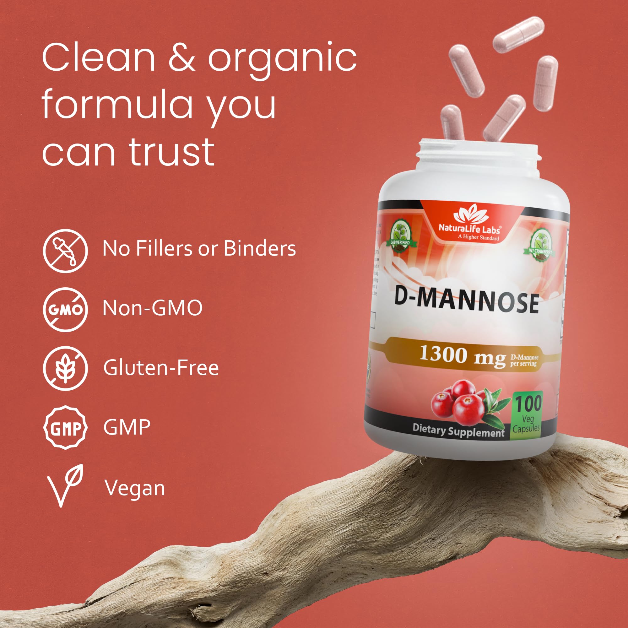 NaturaLife Labs D-Mannose 1300mg + Cranberry 100 Caps