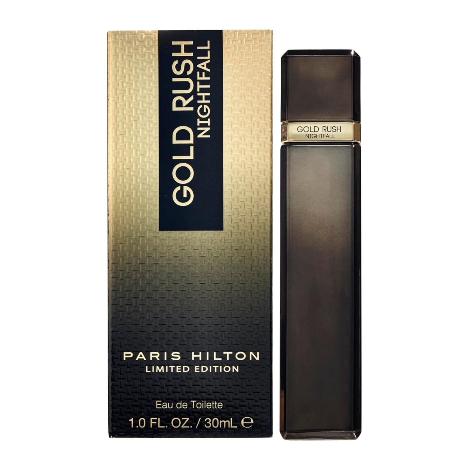 Paris Hilton Gold Rush Nightfall men's eau de toilette cologne bottle, 1 oz, with gold accents and sleek design.