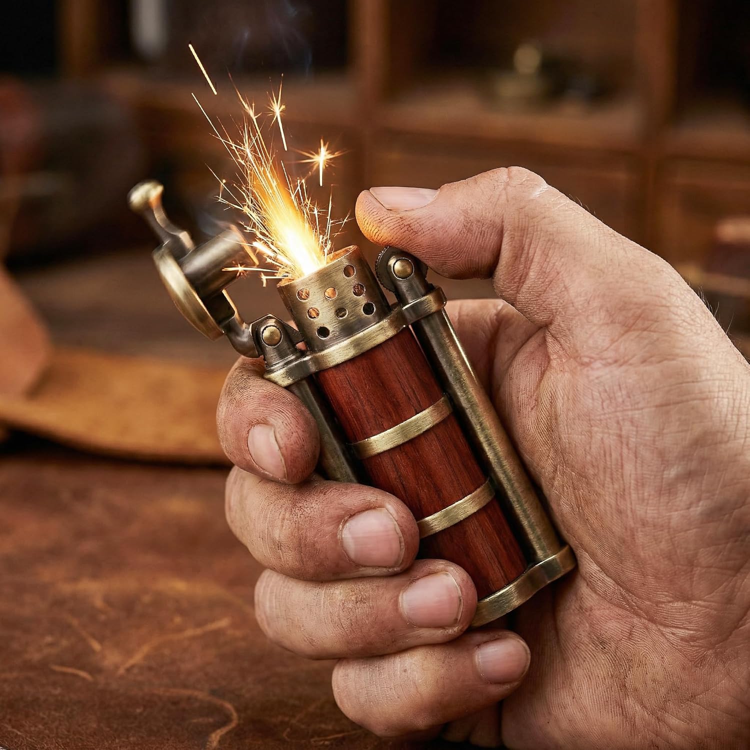 RUIXI Rosewood antique-style petrol kerosene lighter with bronze finish, cylinder shape, soft flame, windproof design.