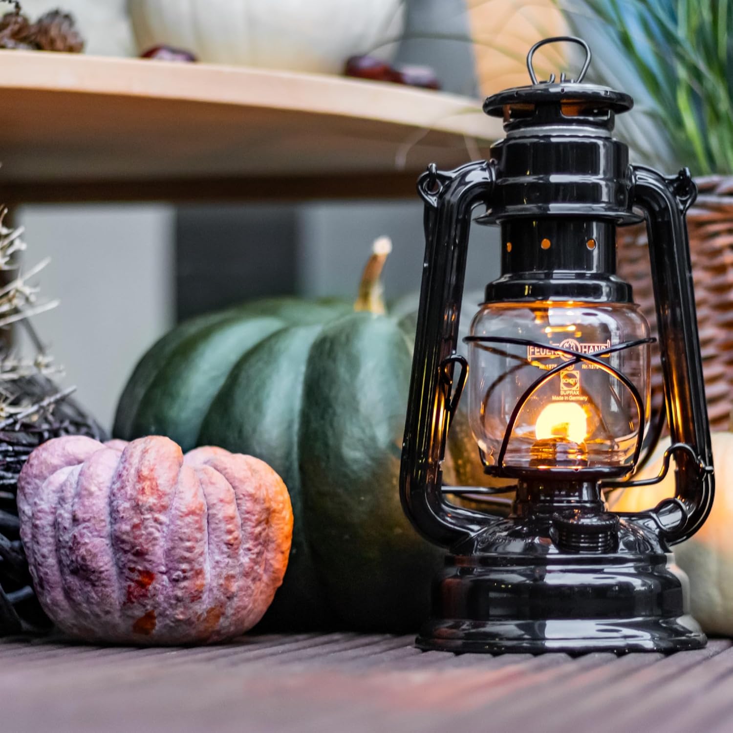 Feuerhand outdoor kerosene fuel lantern with weather-resistant design, German craftsmanship, and classic lantern style for outdoor lighting.