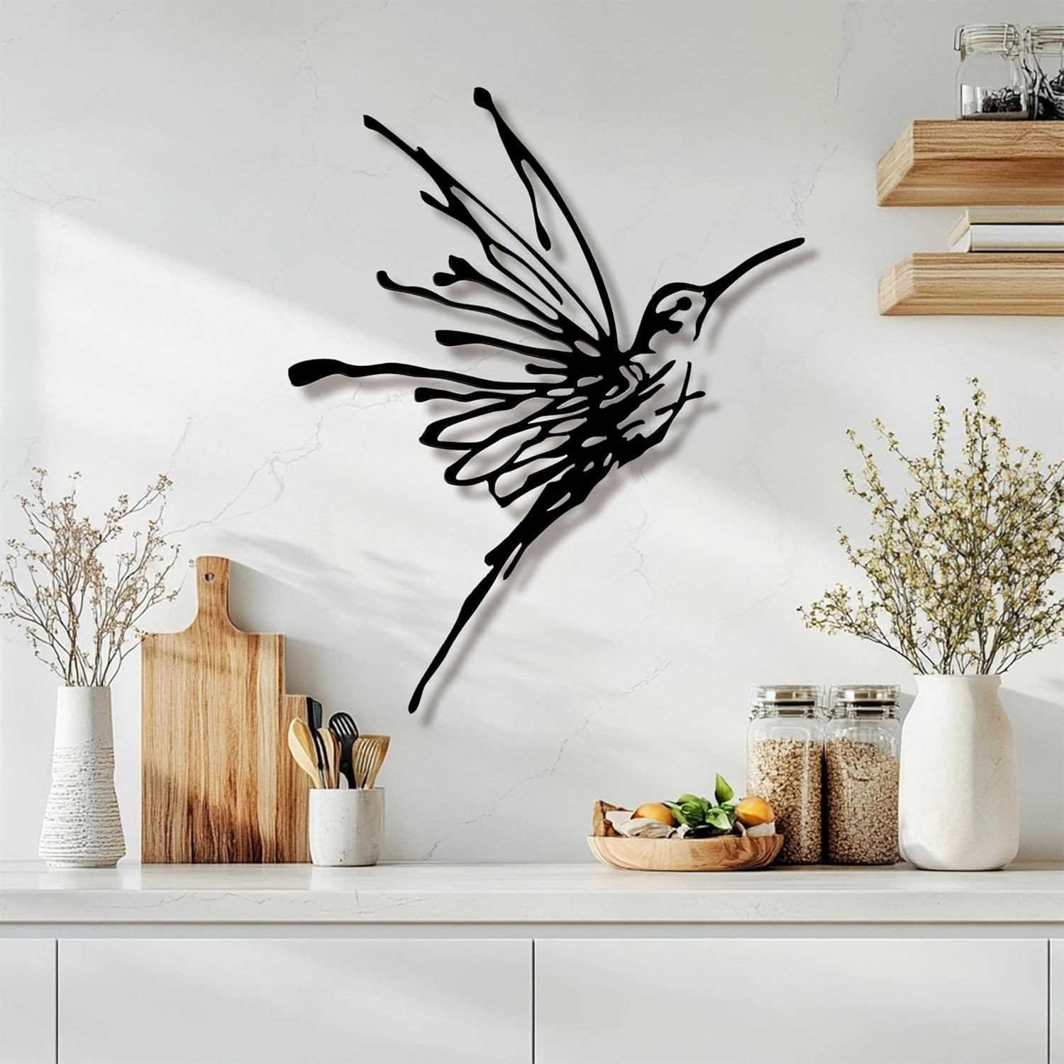 3D Metal Hummingbird Wall Art - Unique Black Outdoor Garden Decor, Waterproof Bird Sculpture
