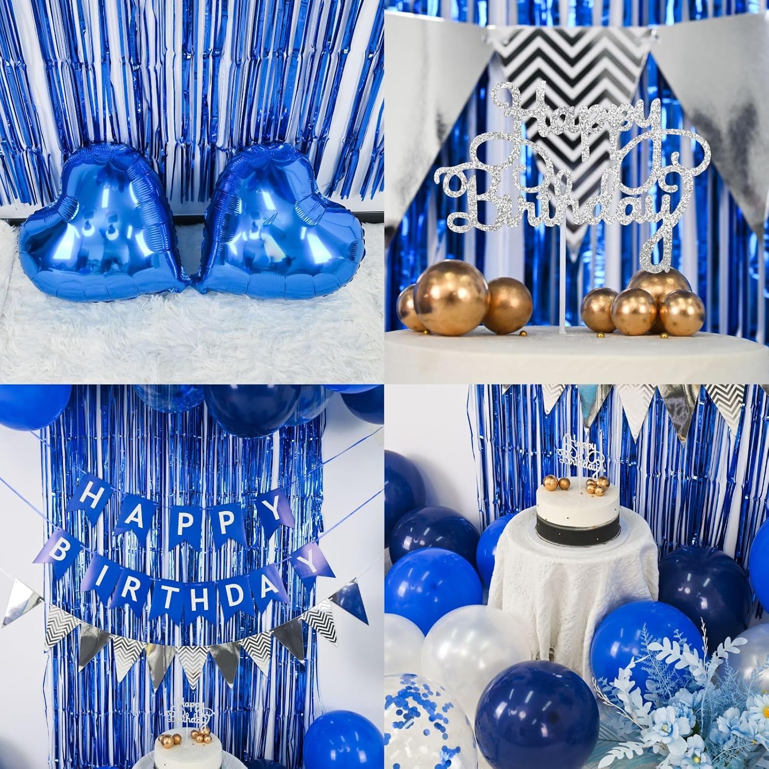 Blue and silver birthday decoration with navy blue and white balloons, including heart-shaped foil balloons for men celebration