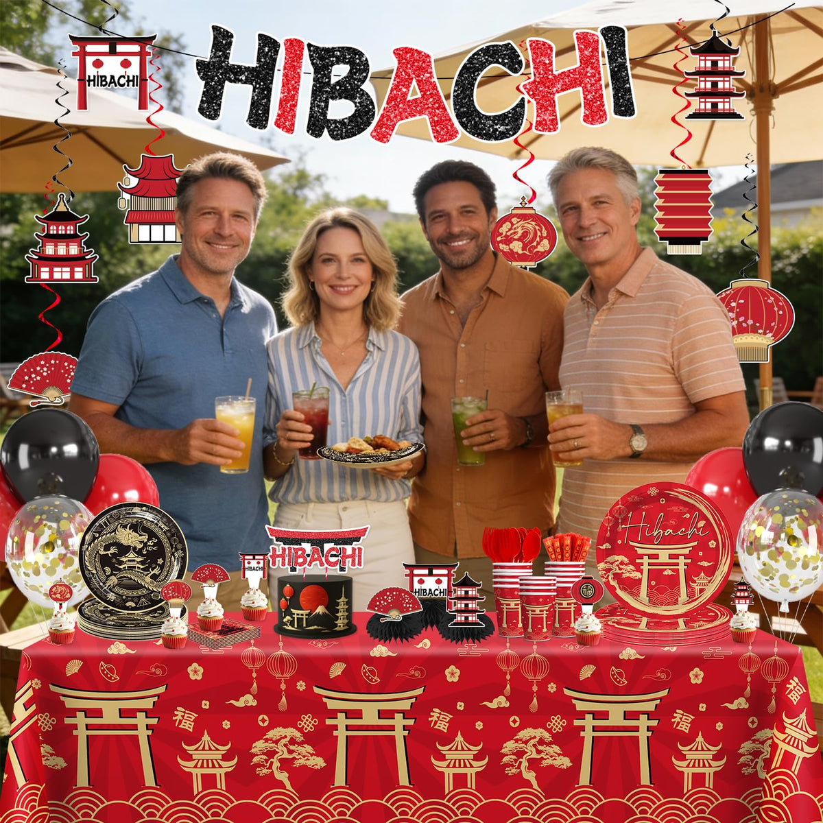 Red Gold Hibachi Party Decorations Tableware Set for 25 - wellspar Official Imagery - 8