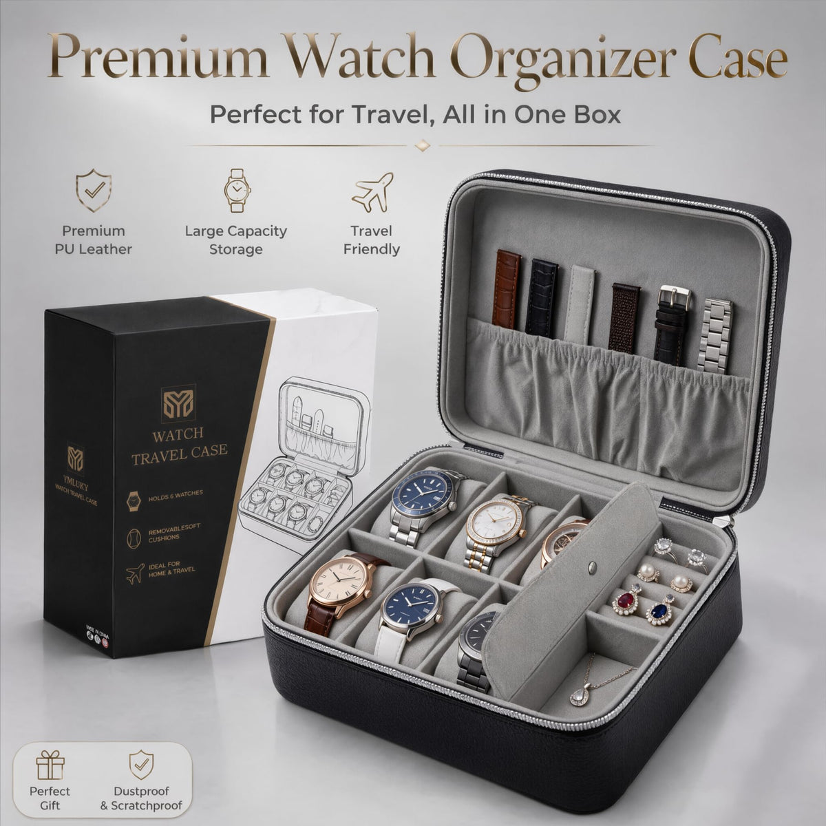 6 Slot Travel Watch Box Portable Jewelry Organizer Case for - YMluky Official Imagery - 4