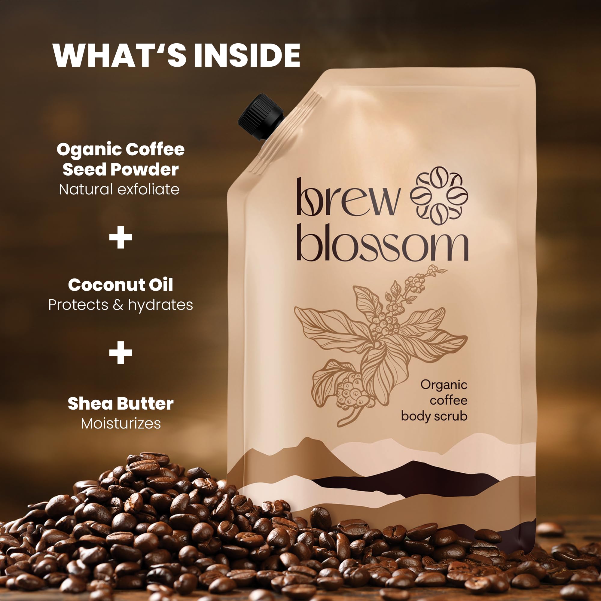 Brewblossom Organic Robusta Coffee Body Scrub with Coconut Oil & Shea Butter - - Brewblossom Official Product View 4