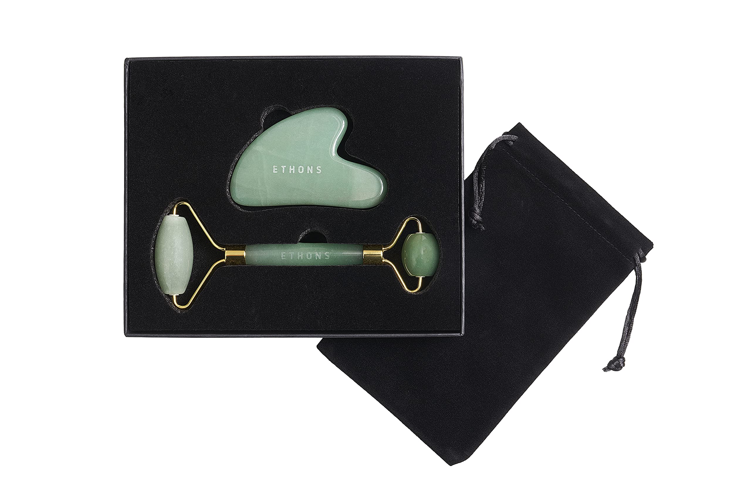 ETHONS jade roller and Gua Sha set for facial massage, featuring a microcurrent facial machine for skin rejuvenation.