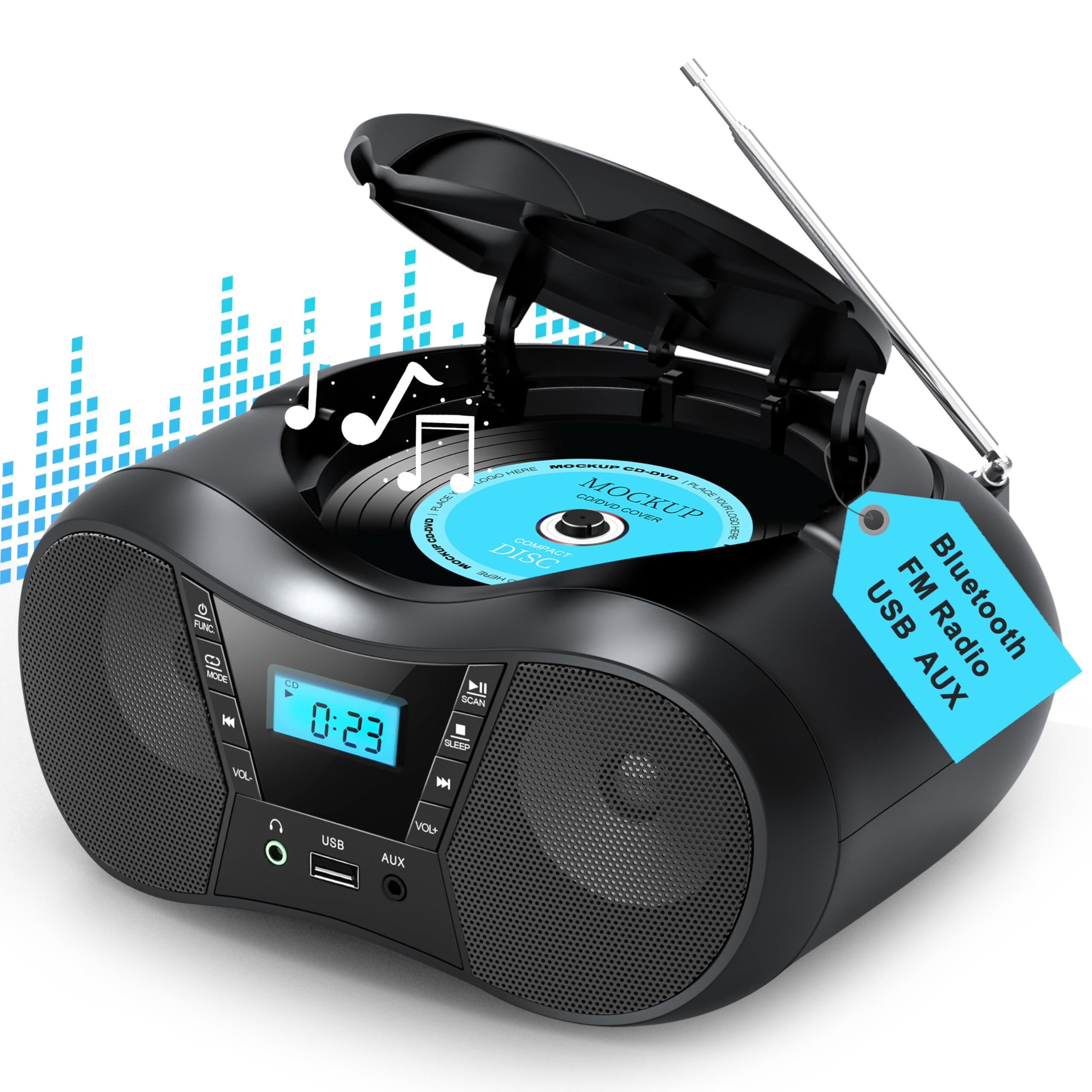 Greadio Portable Boombox CD Player with Bluetooth