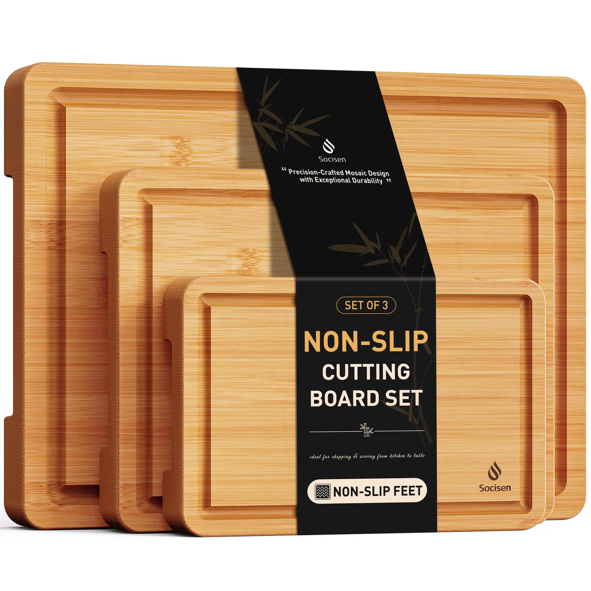 Bamboo Cutting Board Set Non Slip Feet Over Sink Kitchen Gadgets - Product Imagery
