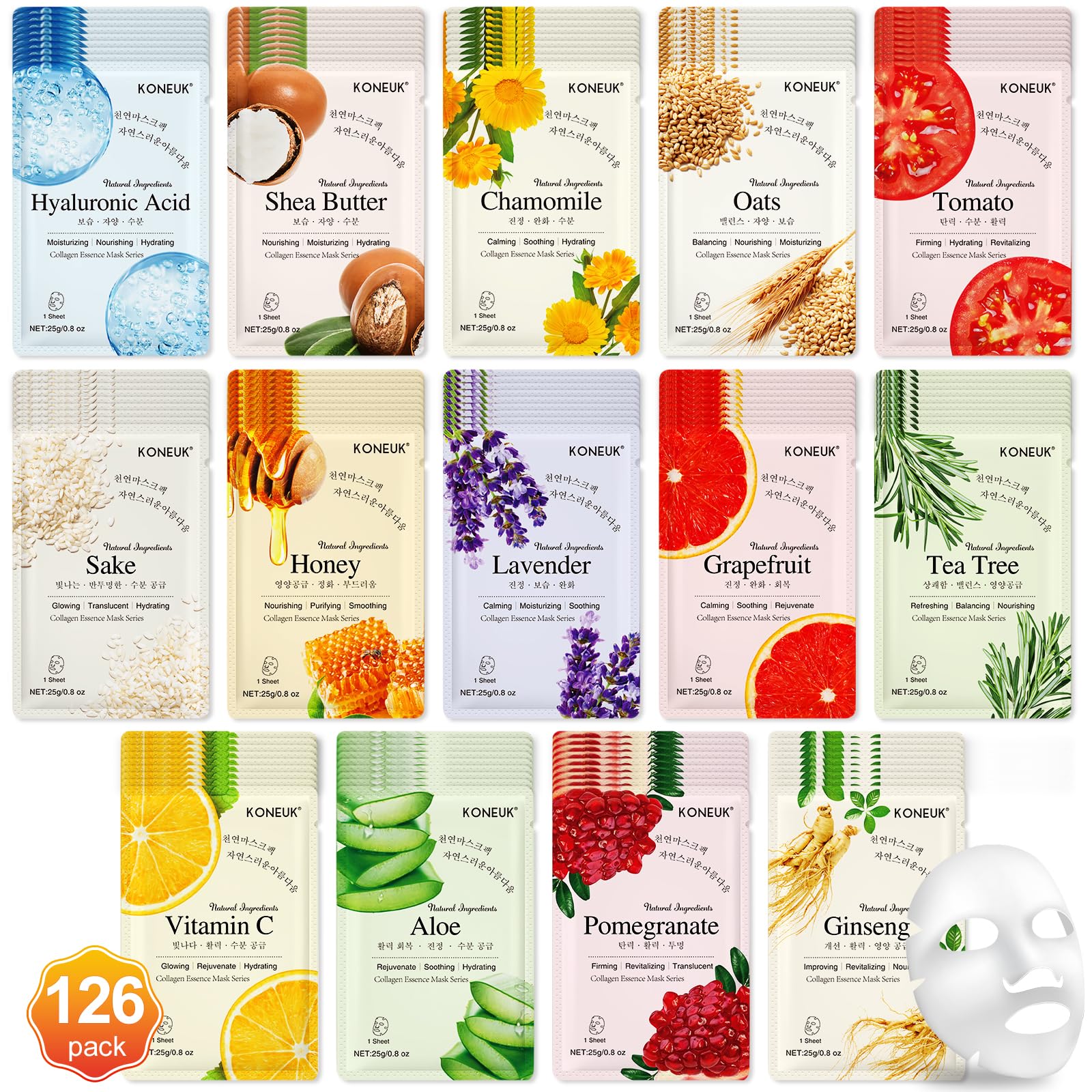 KONEUK 14 Pack Sheet Face Masks Skincare, Hydrating Face Masks - KONEUK