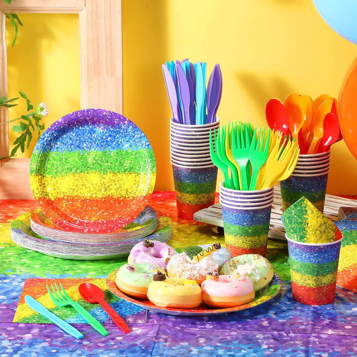 Zhehao 169 Pcs Rainbow Party Supplies Disposable Tablecloth - Zhehao Official Imagery - 5