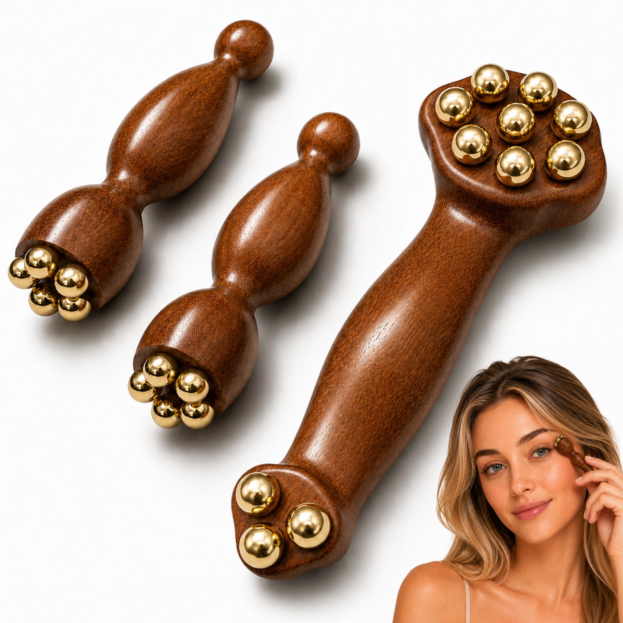 Sandalwood Hot and Cold Therapy Roller and Dual End Eye Massage Tool, Lymphatic Massager with Thermal Conductive Copper Beads for Puffy Eyes and TMJ Relief, Skincare Gifts for Women, 3Pcs Set