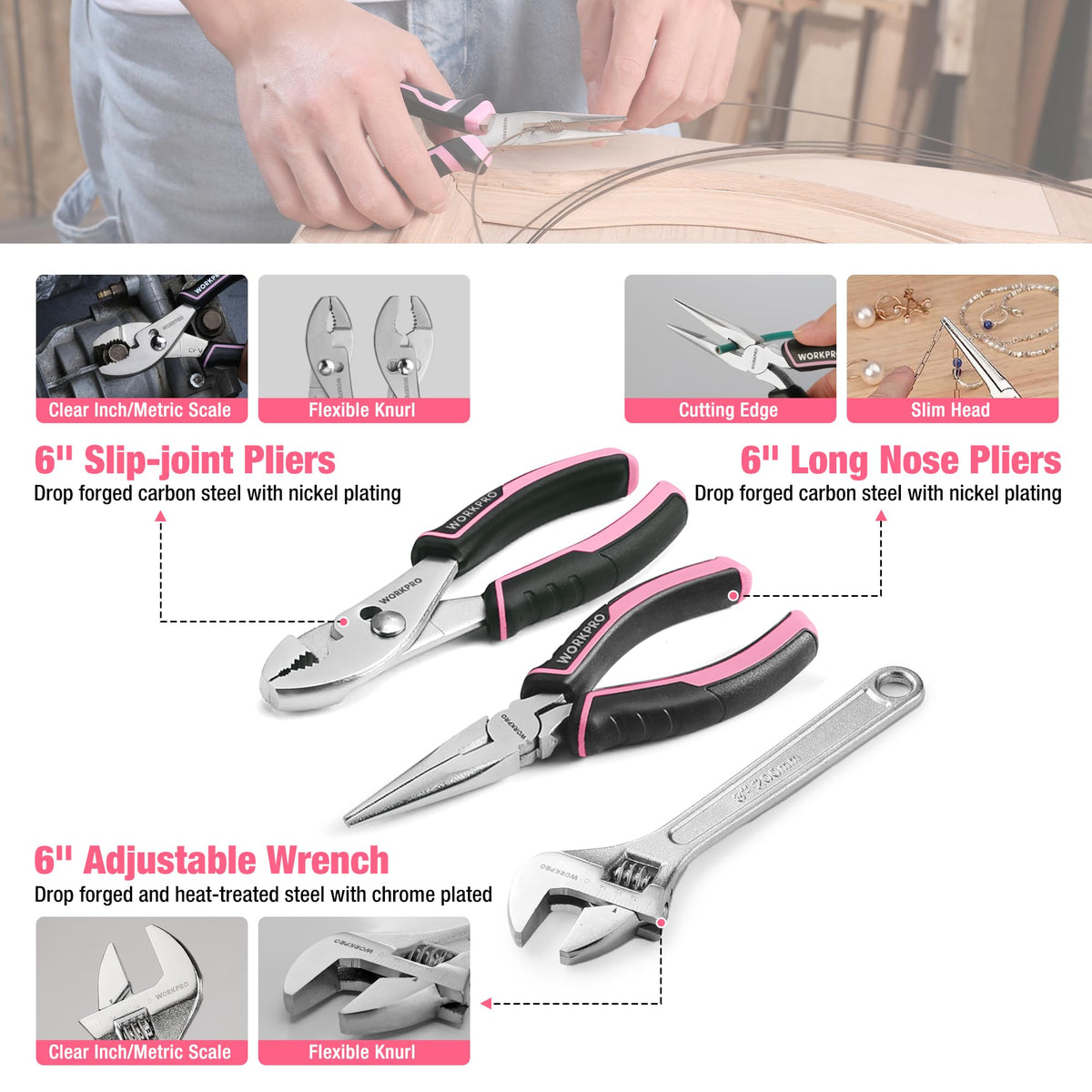 WORKPRO 258PCS Pink Tool Set Portable Home Basic Tool Kit - WORKPRO Official Imagery - 5