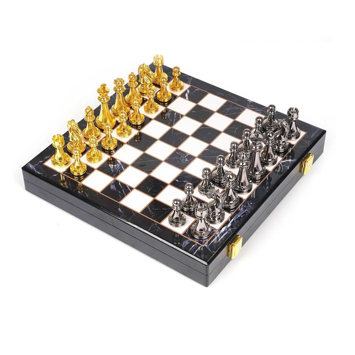 Marbling metal chess set with detailed chess pieces on a decorative chessboard, designed for adults by Agirlgle.