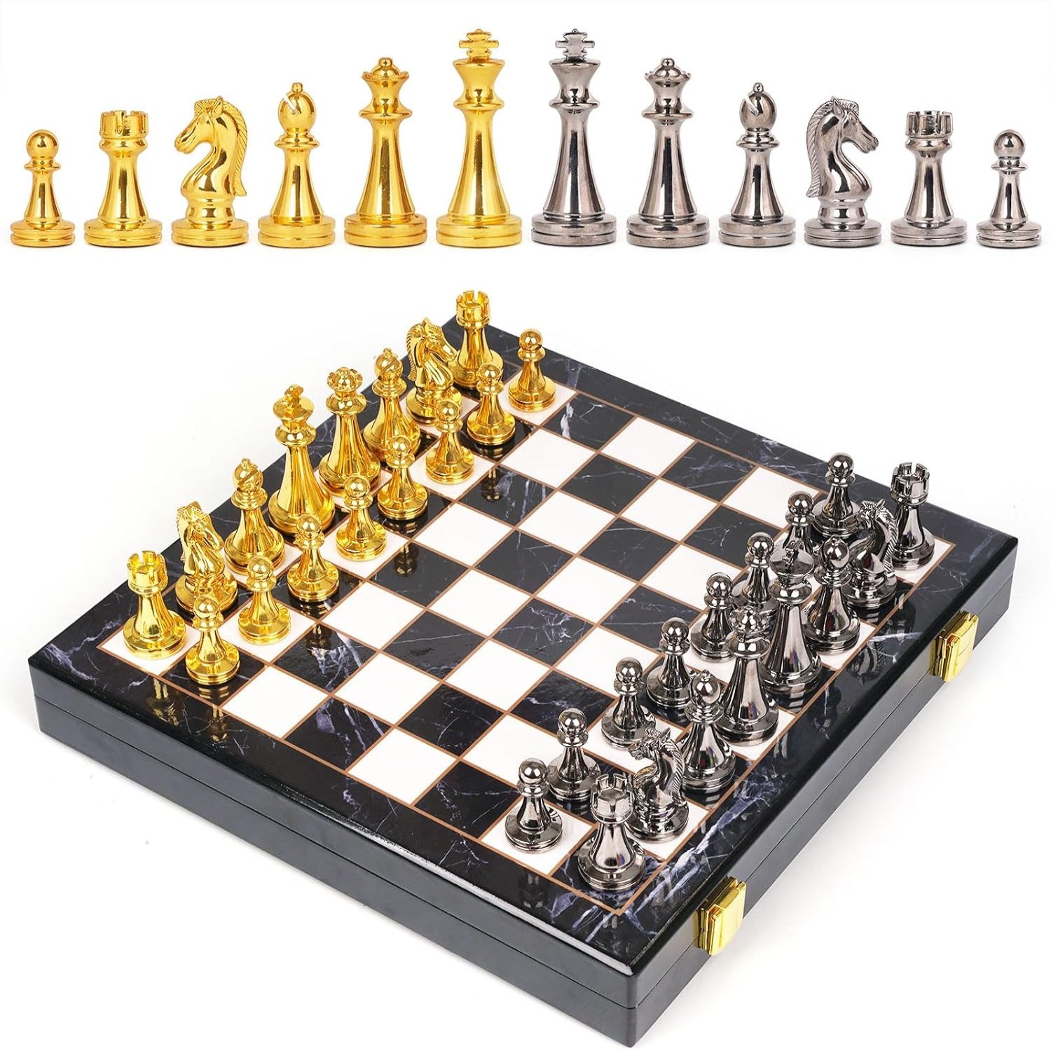 Marbling metal chess set with detailed chess pieces on a matching chessboard, ideal for adults and chess enthusiasts.