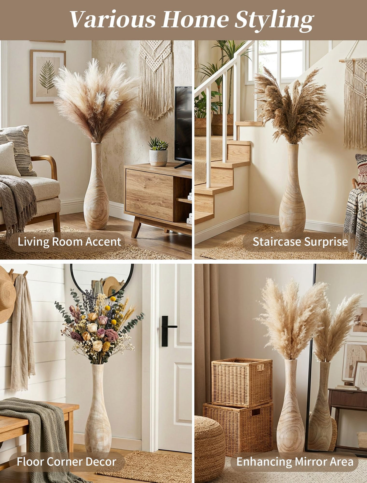 Hanobe 22 Tall Wood Floor Vase for Pampas Grass Boho - Hanobe Official Imagery - 7
