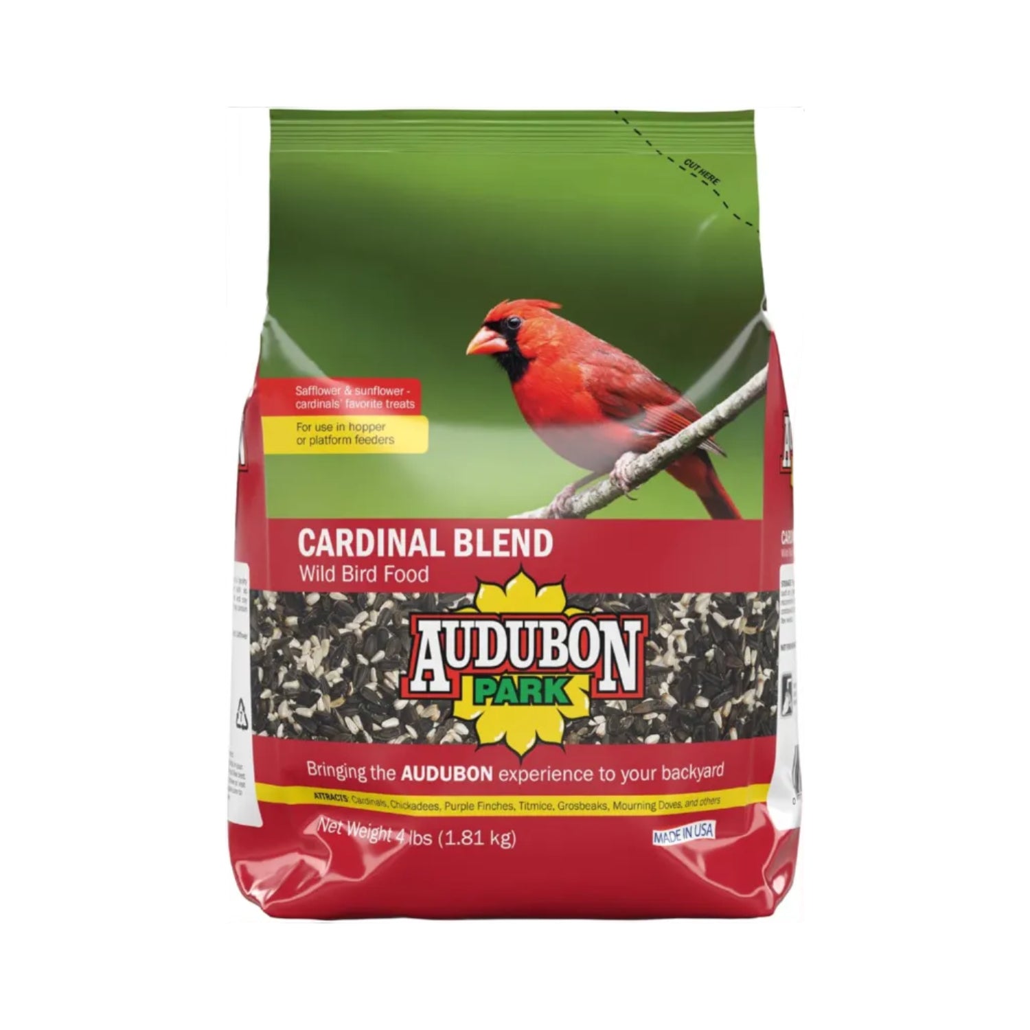 Audubon Park Cardinal Blend wild bird food and seed mix for outside feeding, featuring bright red cardinal birds in a garden feeder.