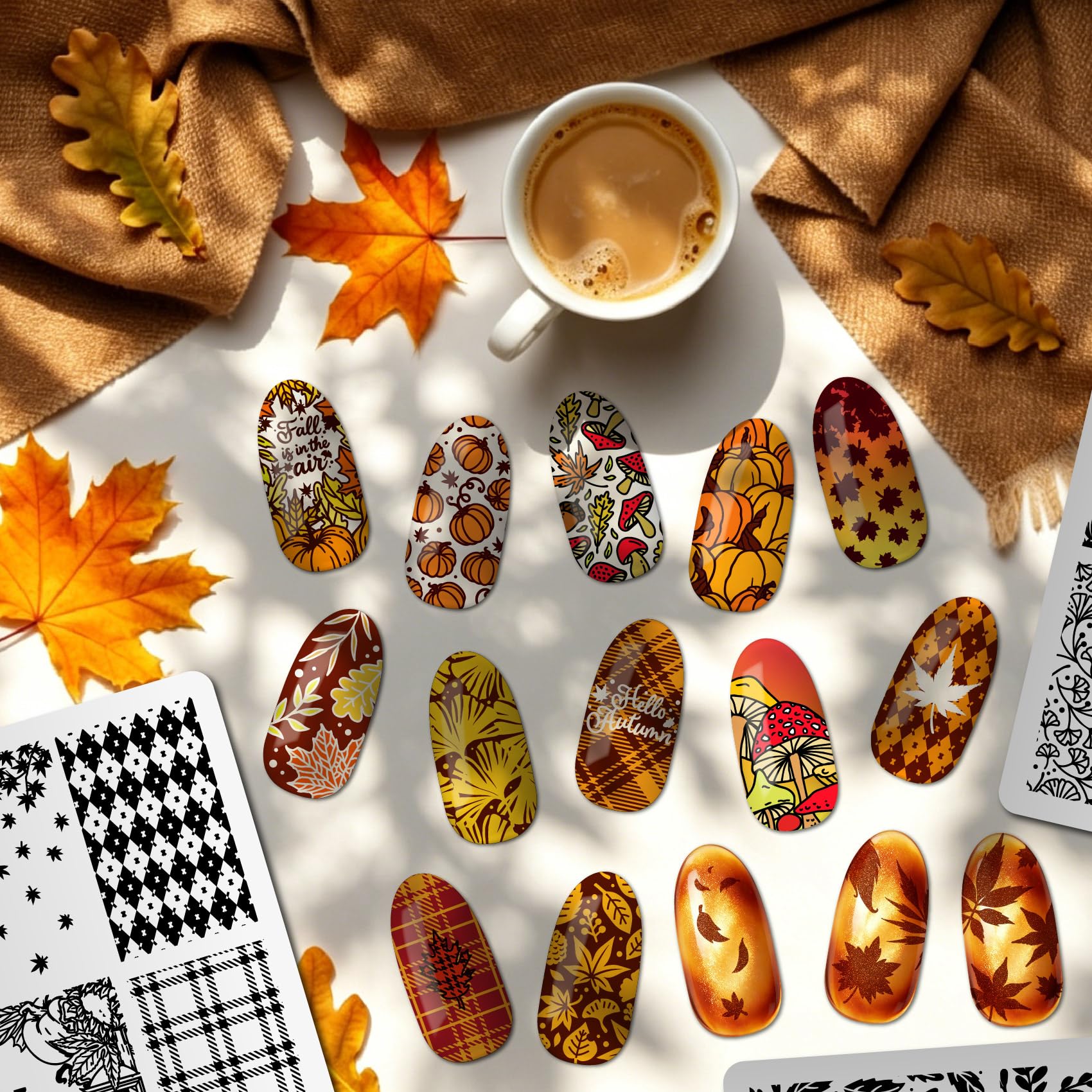 Arbuya Fall Nail Stamping Plates Set of 3 - Pumpkin, Mushroom, Maple, Ginkgo, Oak Leaves & Checkered Backgrounds for Autumn Nail Art for DIY Nail Art Manicure Salon Supply