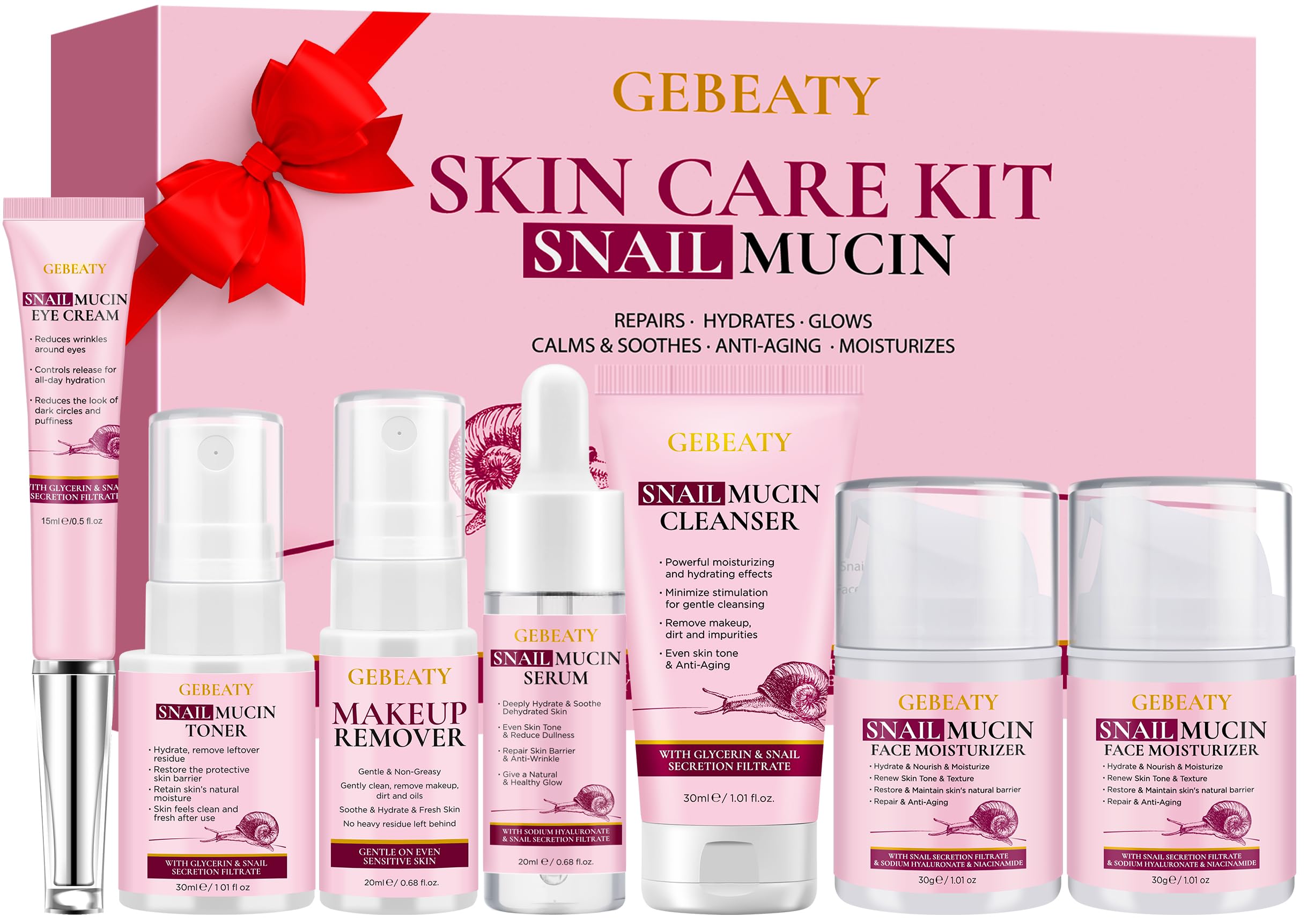 Skin Care Set, 7-Piece Hydrating &amp; Repairing Snail Mucin - GEBEATY