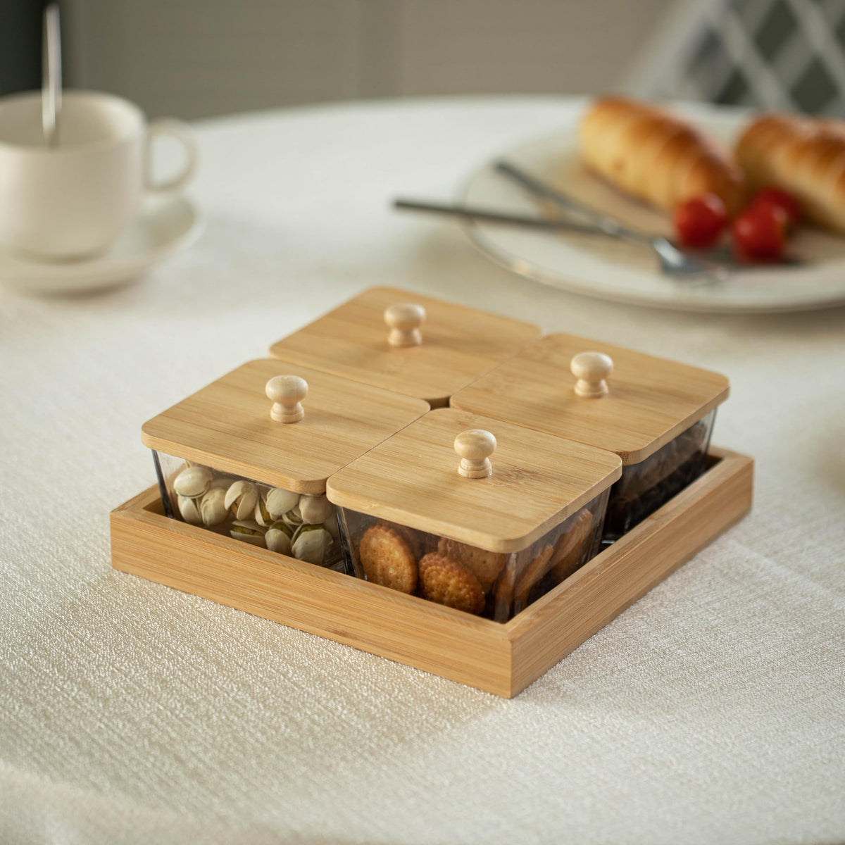 Basicwise Set of 4 Square Glass Jars with Bamboo Lids and - Basicwise Official Imagery - 4
