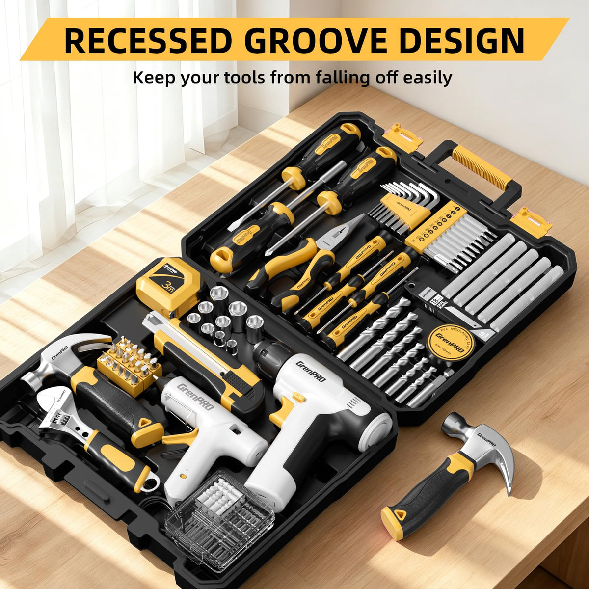 188PCS Yellow Cordless Drill Tool Set For Men Tool Kit For - GRENPRO Official Imagery - 4