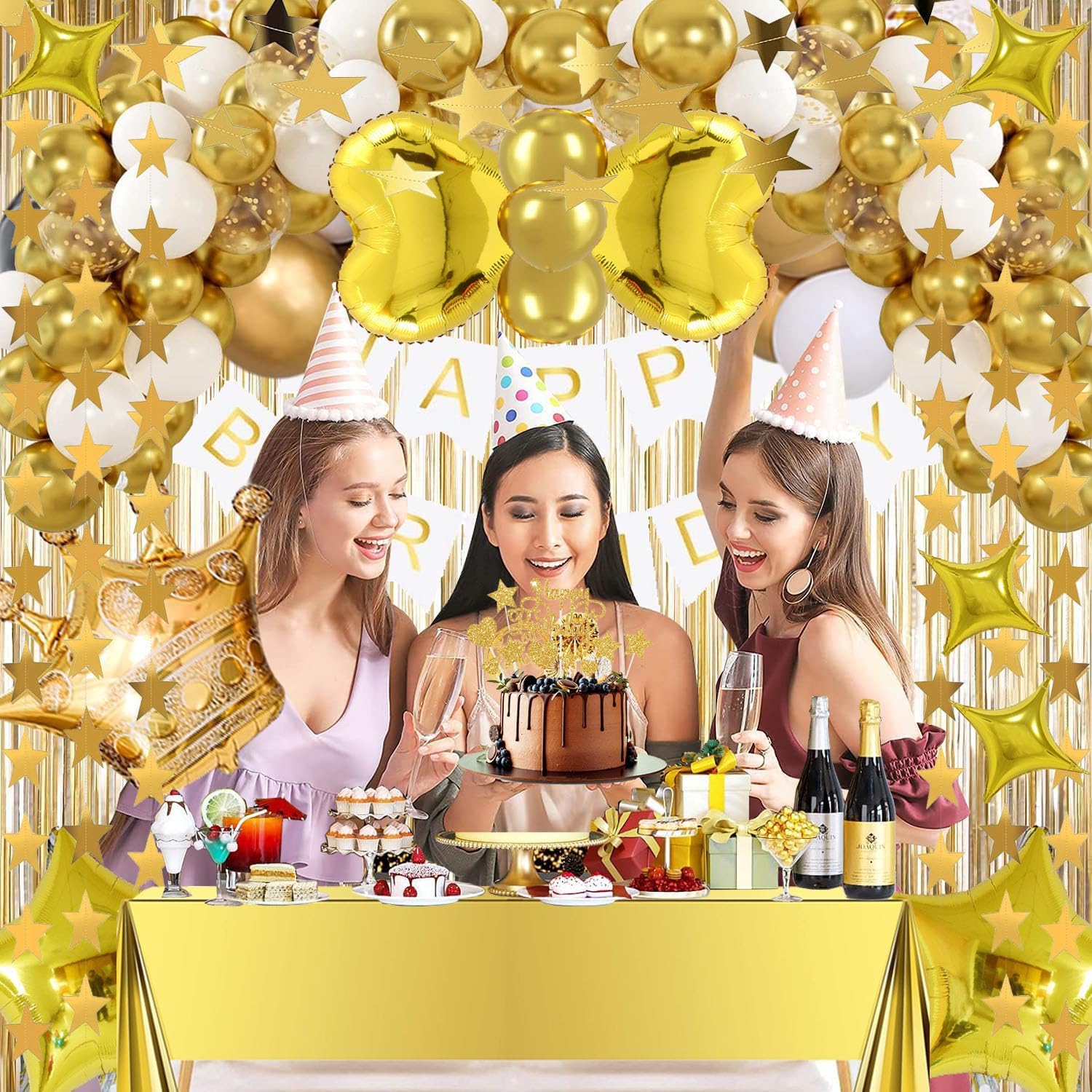 Gold birthday decorations set with a "Happy Birthday" banner, star garland, crown foil balloon, ideal for celebration decor.