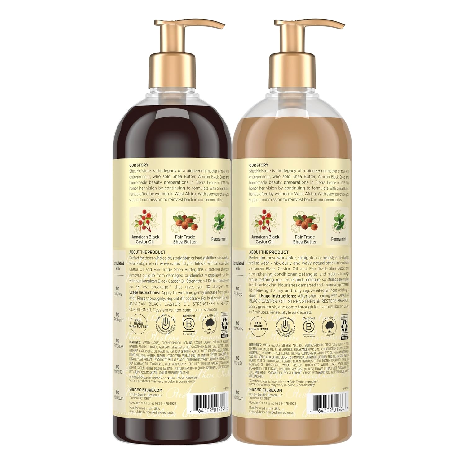 SheaMoisture Strengthen & Restore Shampoo and Conditioner bundle with Jamaican castor oil for healthy, nourished hair.