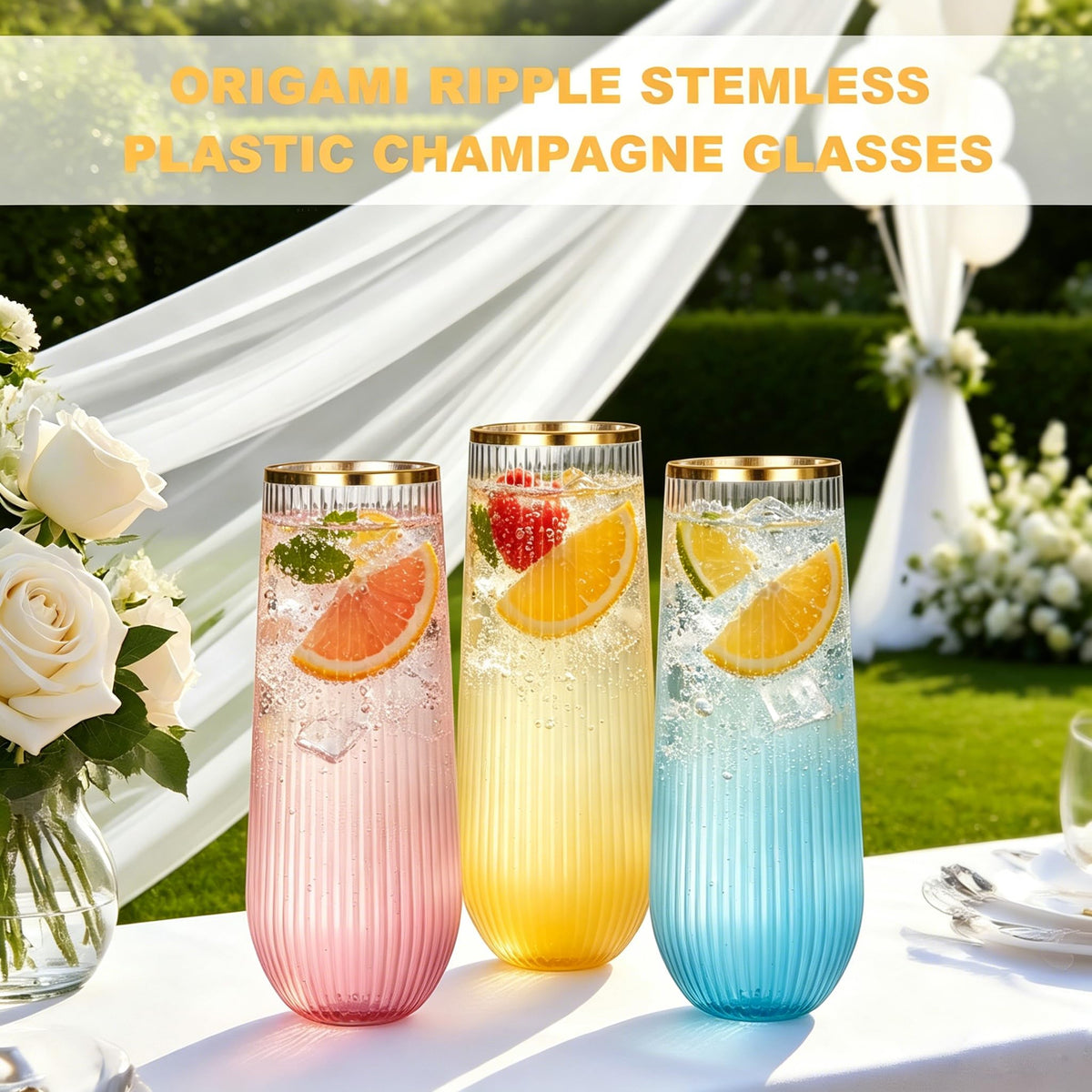 48 Pack Ribbed Plastic Champagne Flutes Glasses Stemless - JoyGletss Official Imagery - 7