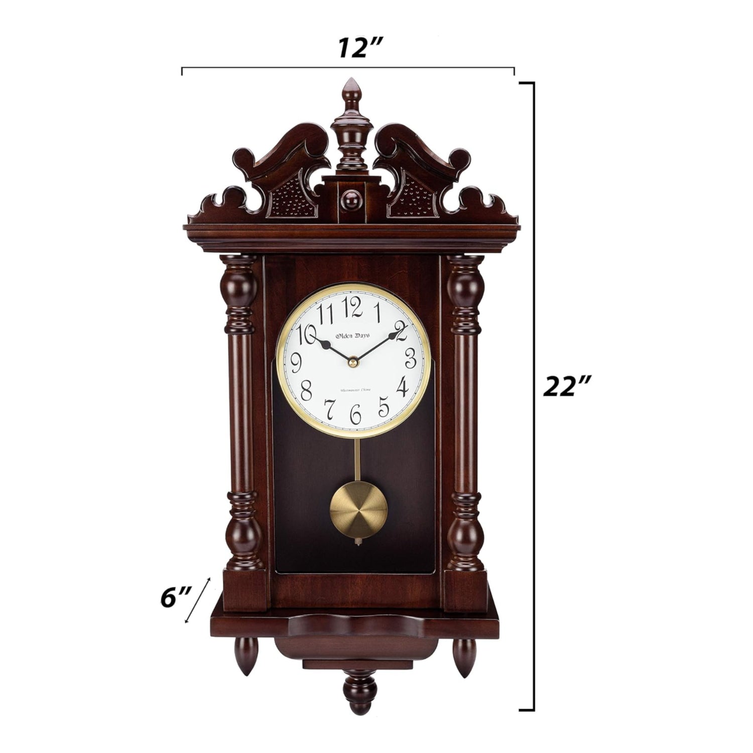 Olden Days antique vintage wall clock with real wood, 22-inch size, swinging pendulum, and four chime options.