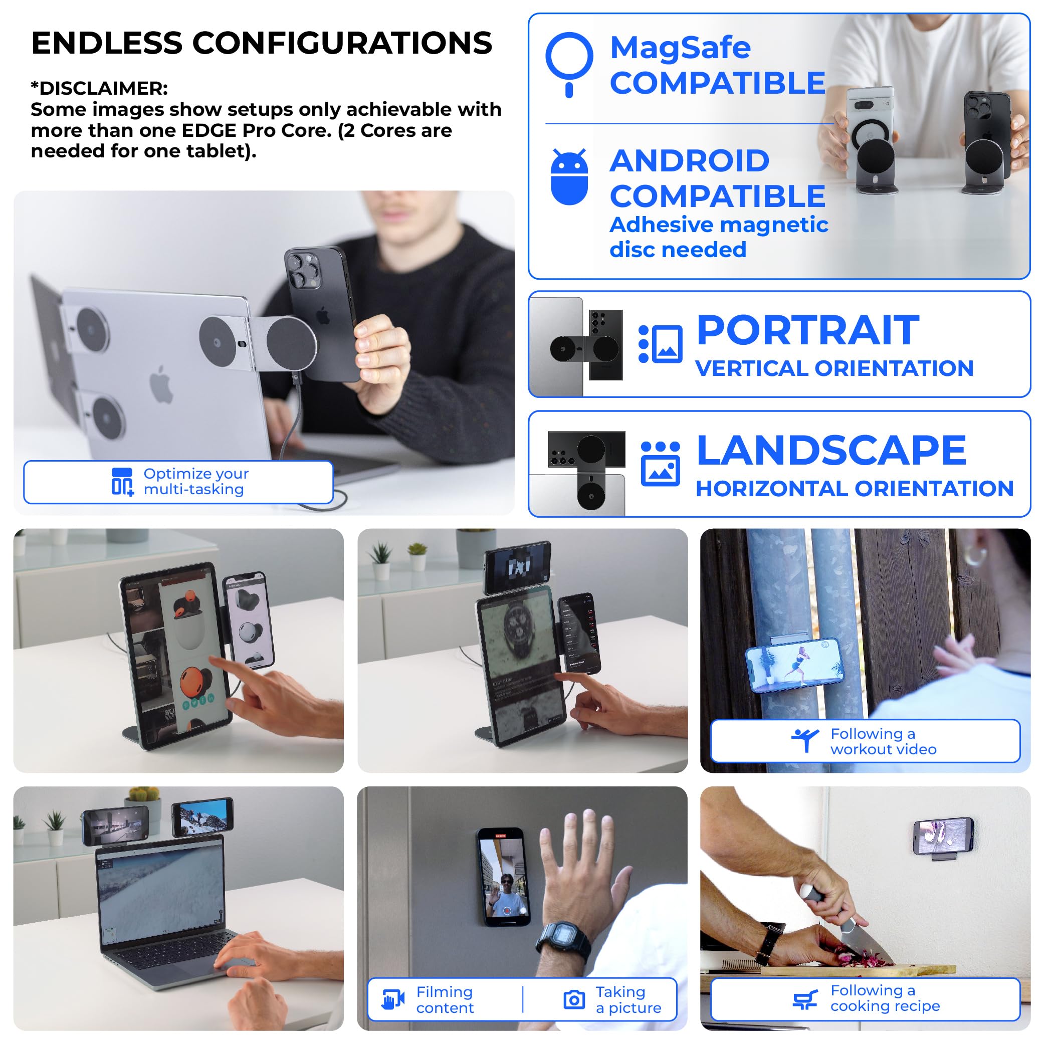 Rolling Square Edge Pro Core magnetic phone mount stand in black showing secure metal plate and versatile mounting options for computers and tablets.