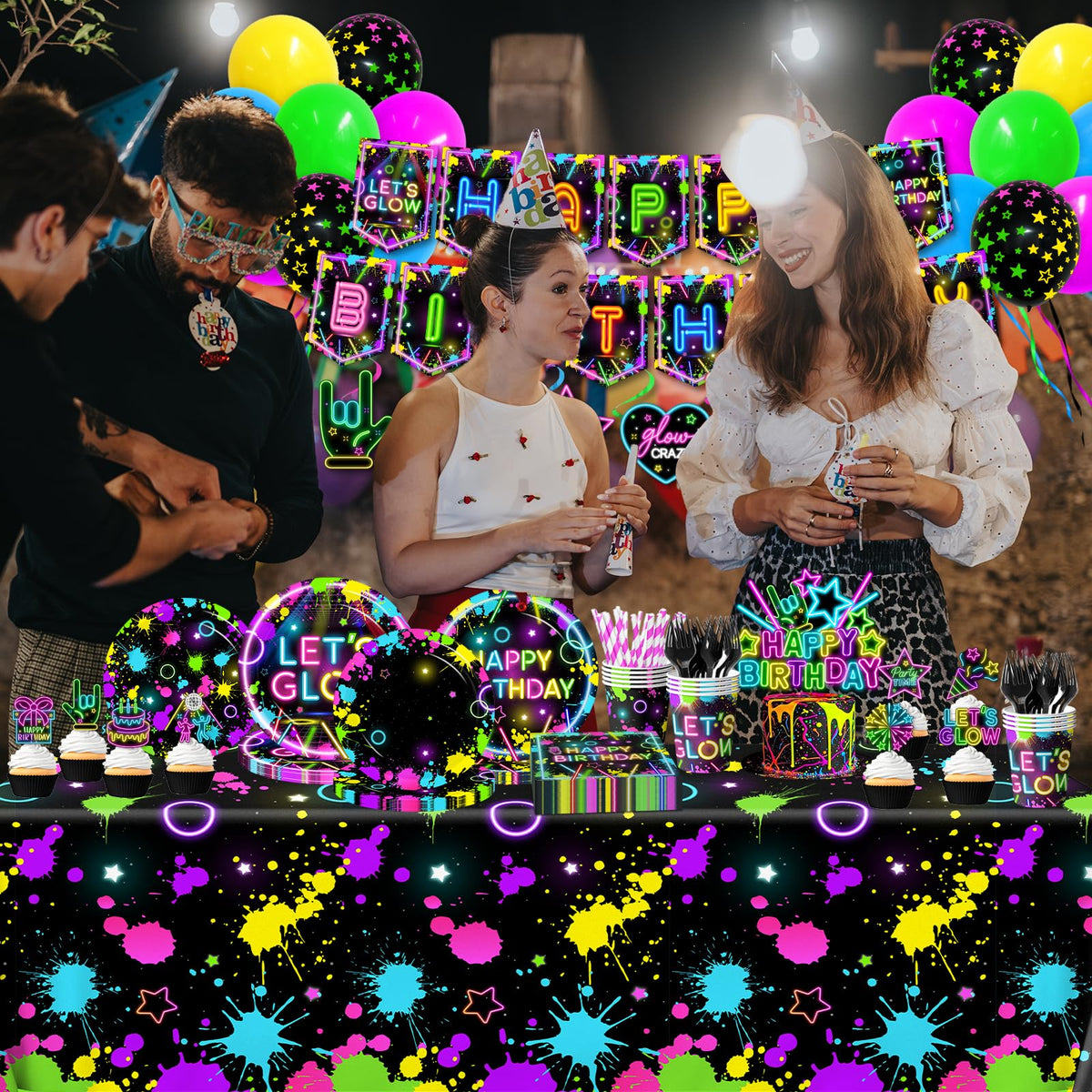 Neon Party Supplies Serves 24 Glow in The Dark Themed - HAKOTI Official Imagery - 4