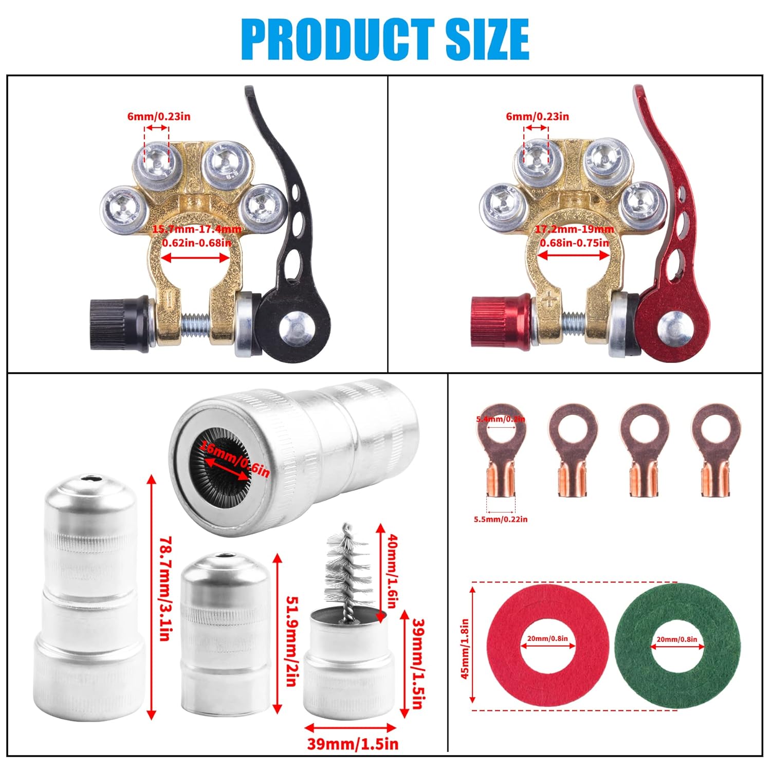 JINGKE 2-pack battery terminal clamp connectors with 4-way quick release disconnects for automotive or electrical wiring.