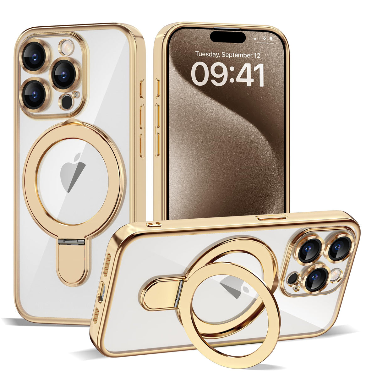 Plating Clear Case for iPhone 15 Pro Max with Stand 6 7 Gold - ETPESOK Official Imagery - 1