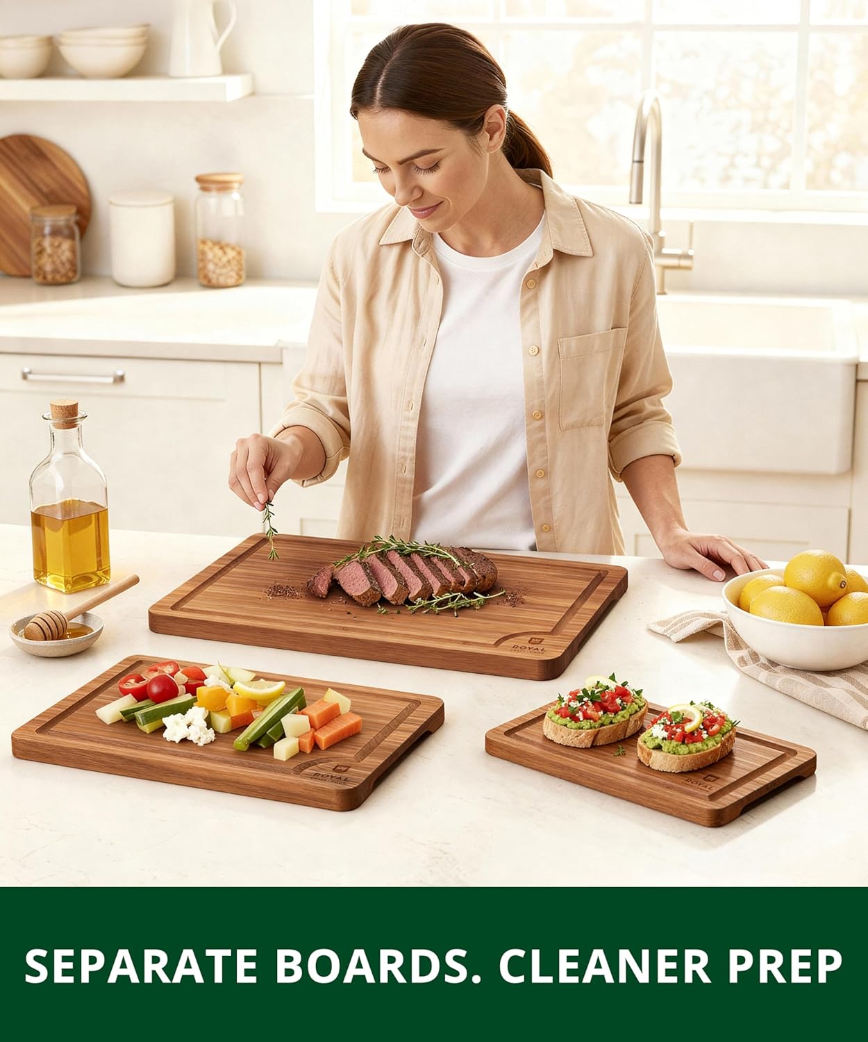Royal Craft Wood wooden cutting board for kitchen meal prep and serving, showing a smooth, natural wood surface with rounded edges.