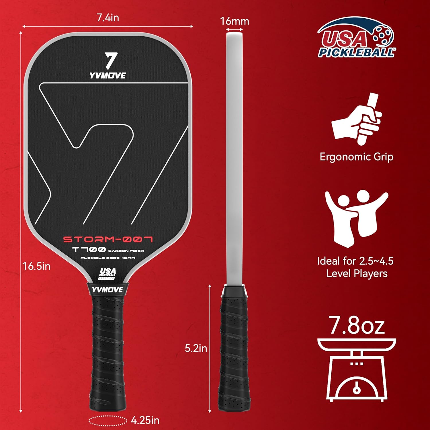 YVMOVE pickleball paddle with T700 raw carbon fiber surface and 16mm STR-Core for powerful play