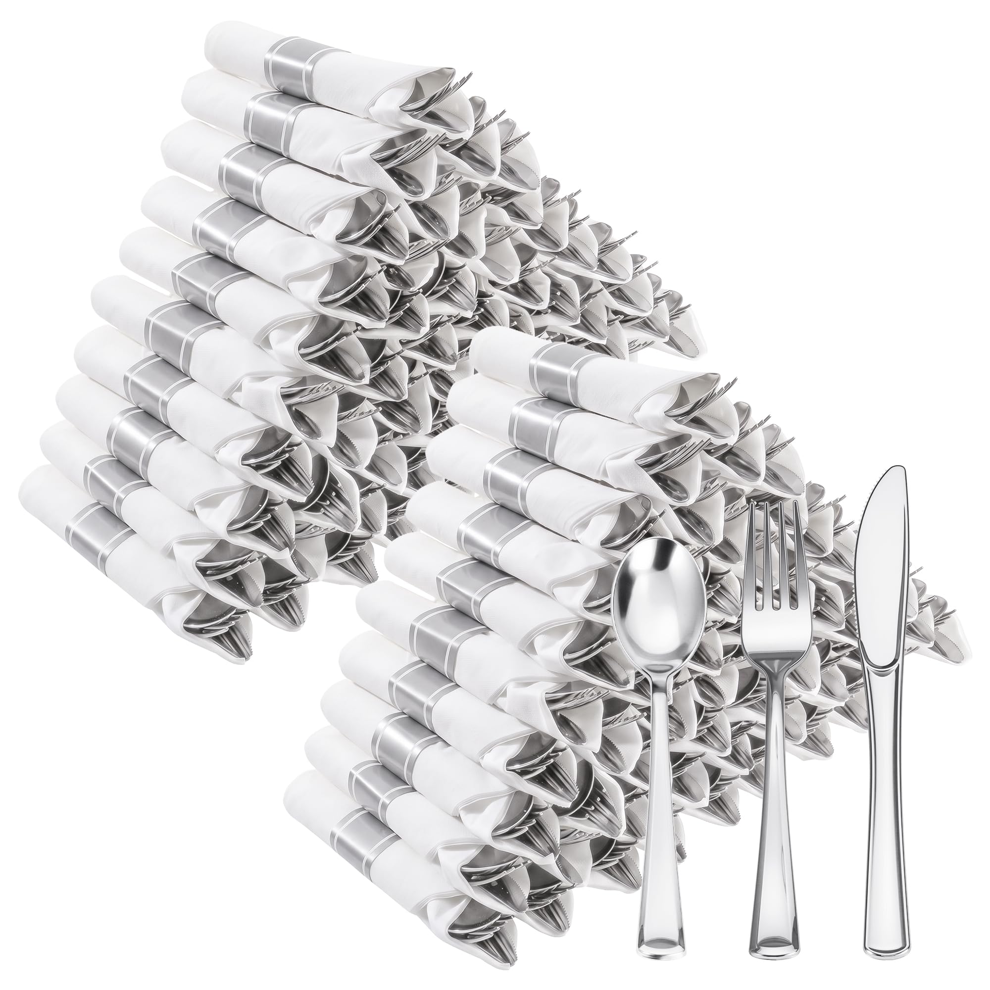 Goodluck 100 Pack Pre Rolled Silver Plastic Silverware, Wrapped C - Goodluck Official Product View 1