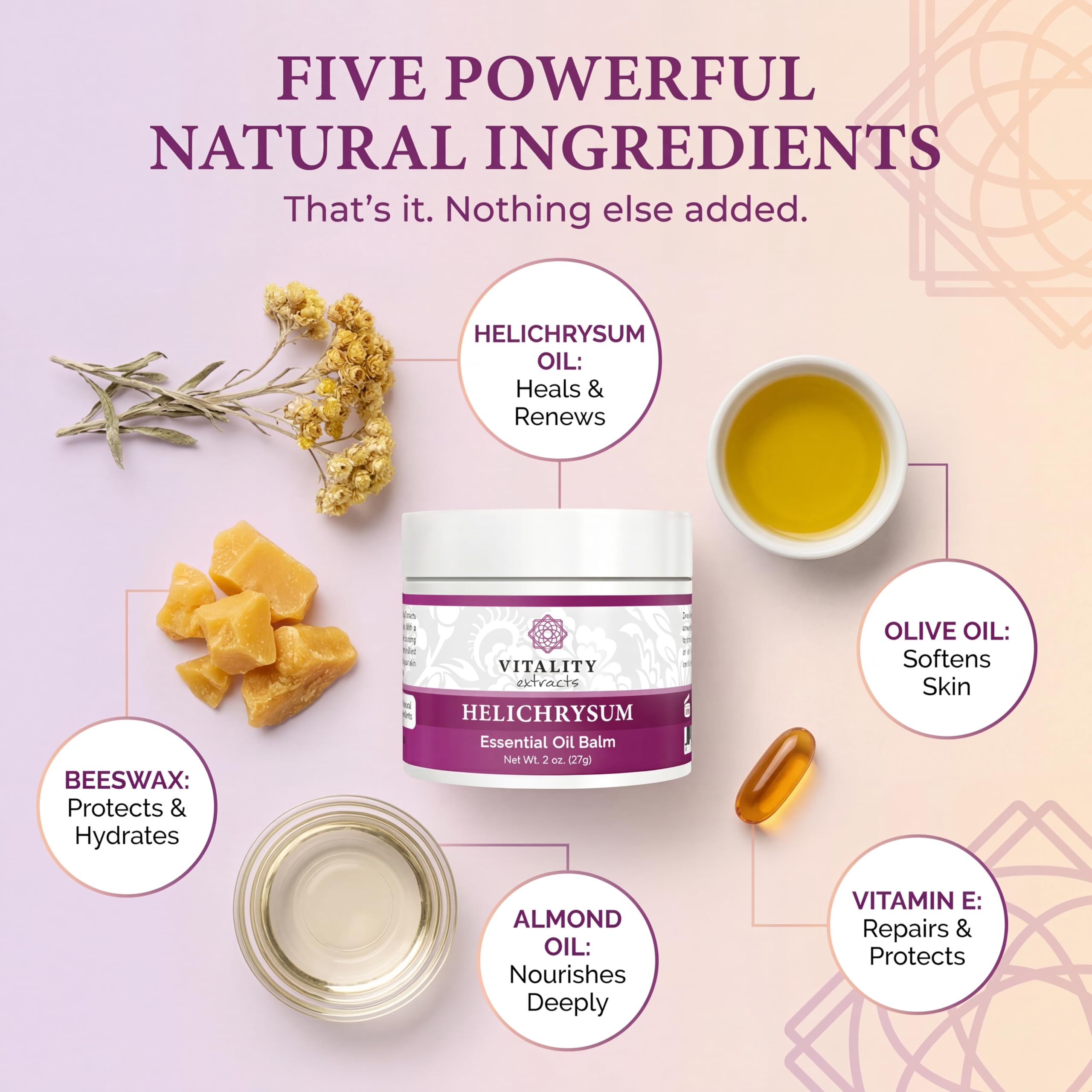 Vitality Helichrysum Balm skin moisturizer in a 2oz jar, designed for skin healing and soothing body care.