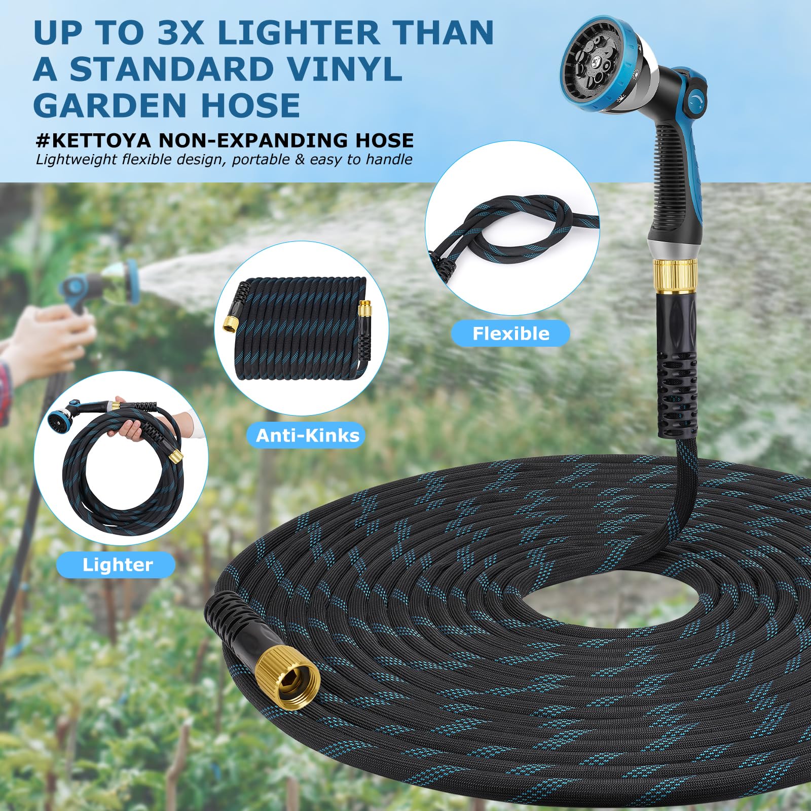 KETTOYA Non-Expanding Garden Hose 100 ft, Kink Free Flexible Wate - KETTOYA Official Product View 3