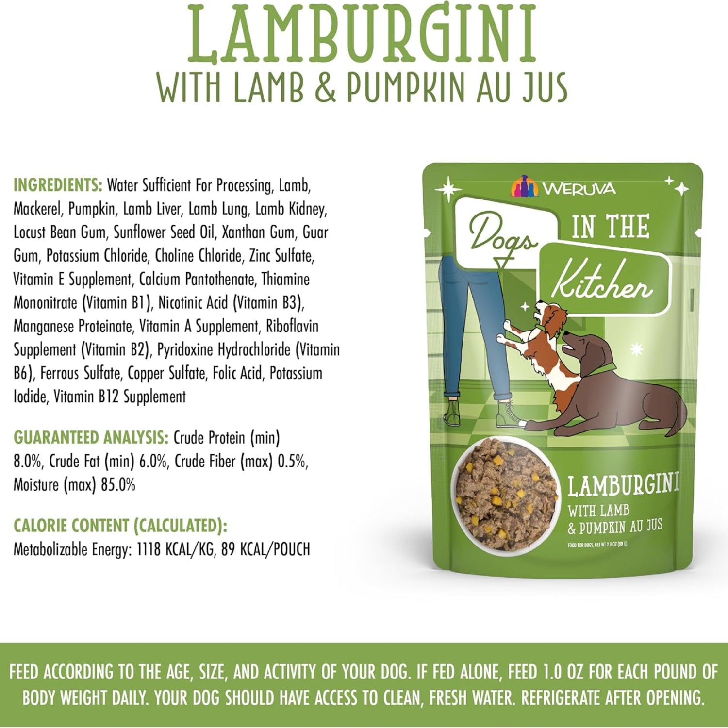 Weruva Dogs in The Kitchen Lamburgini dog food pouch with lamb and pumpkin au jus, 2.8oz, pack of 12, green packaging.