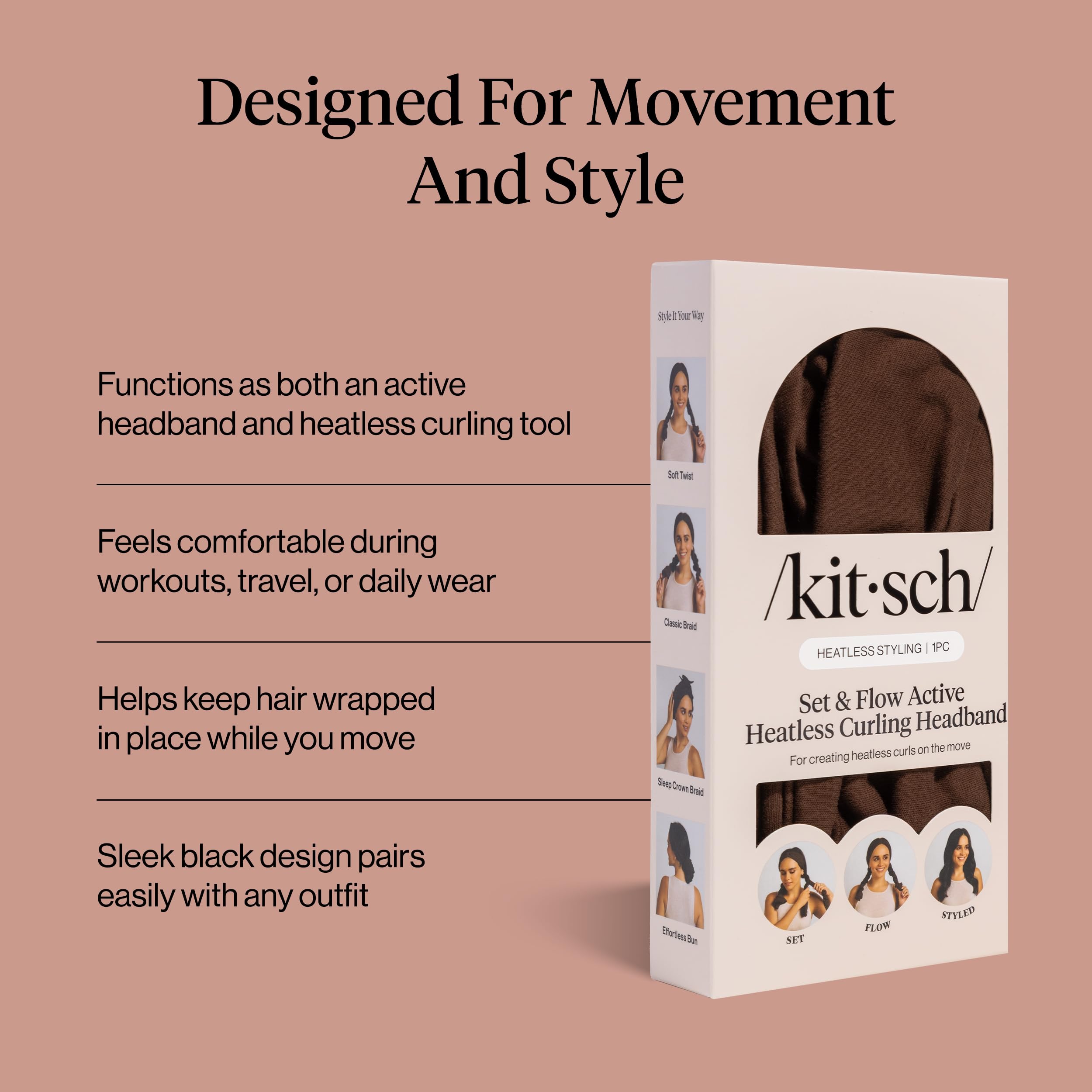 Kitsch Set & Flow Active Heatless Curling Headband For Women - Brown, 1pc - Elefair Tech Official Product View 5