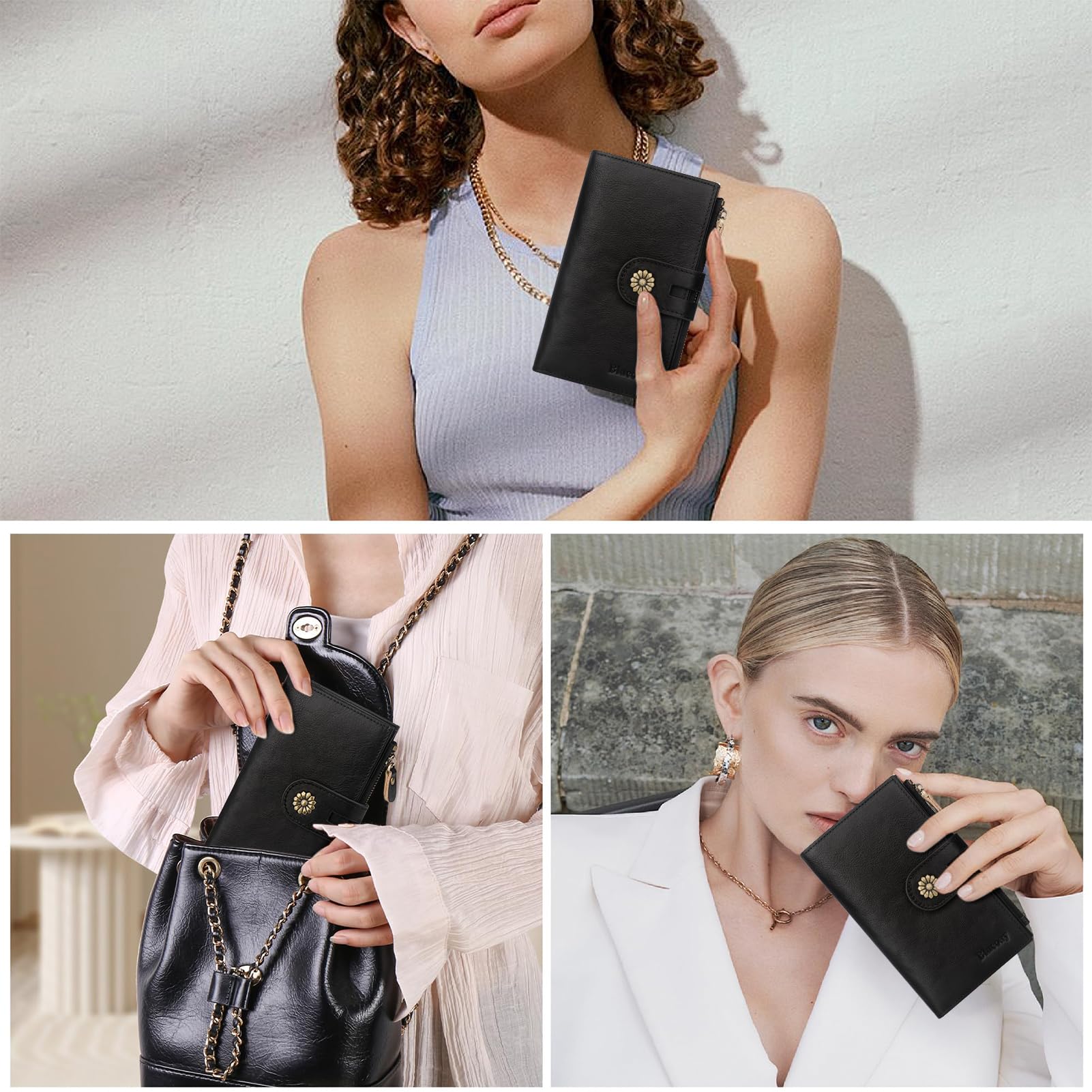 Blucoay Women's RFID Leather Trifold Wallet – Black