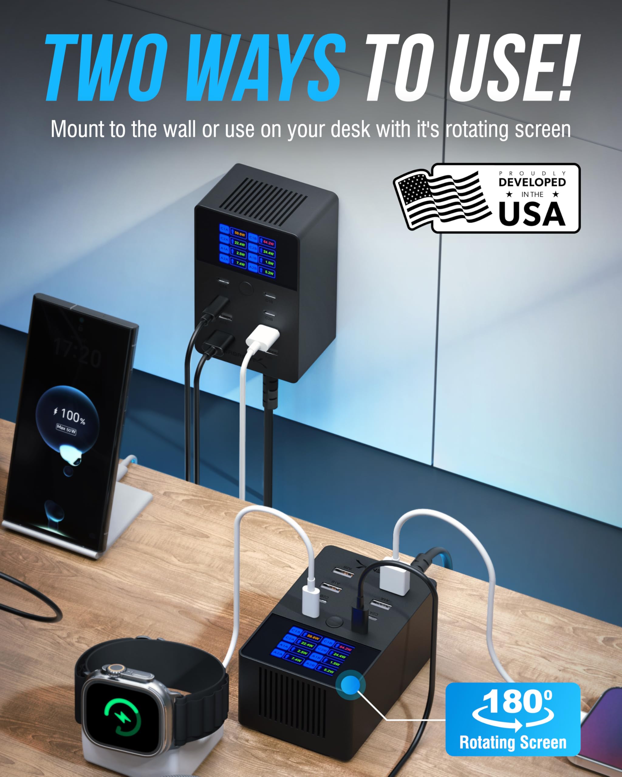 SABRENT VOLTIK Charging Station, 252W 8-Port USB C and USB A, LCD by SABRENT - Angle View 5