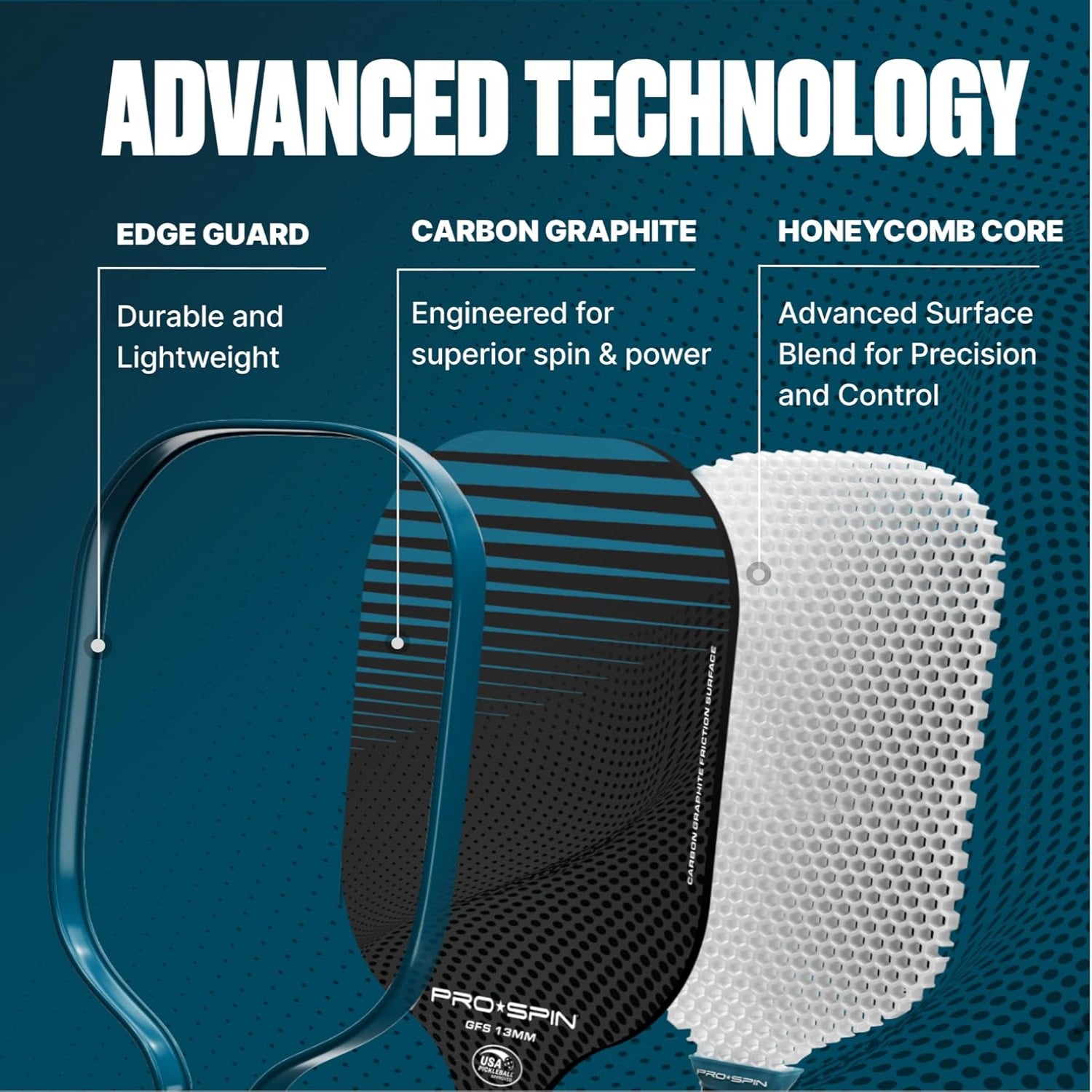 Two lightweight PRO-SPIN carbon fiber pickleball paddles with ergonomic grips, ideal for competitive and recreational play.