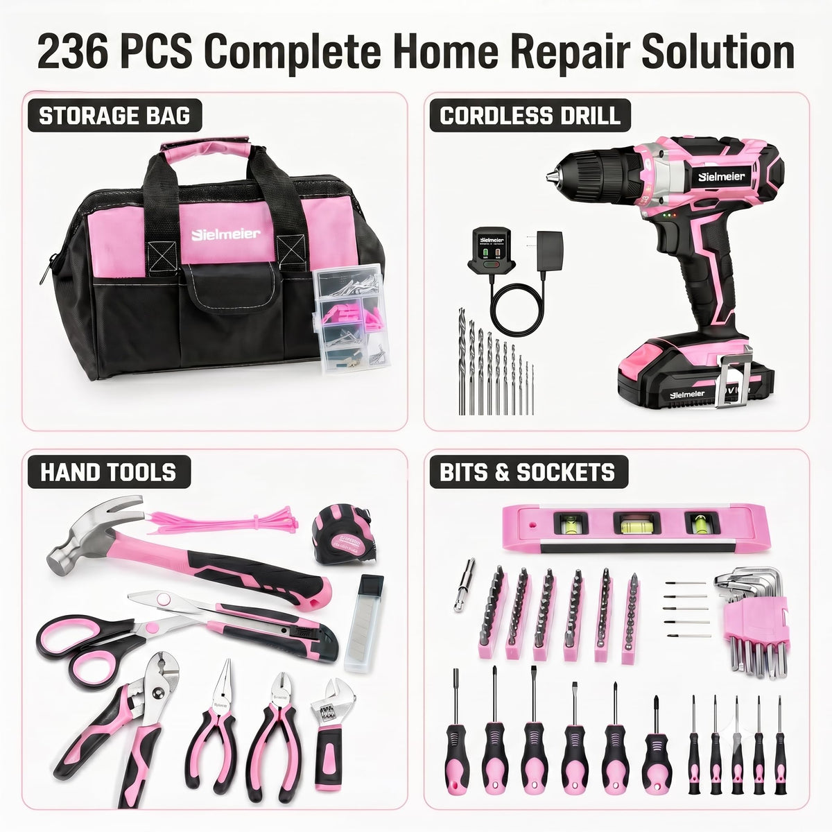 Bielmeier 20V 236Pcs Cordless Pink Drill Set for Women Home - BIELMEIER Official Imagery - 4