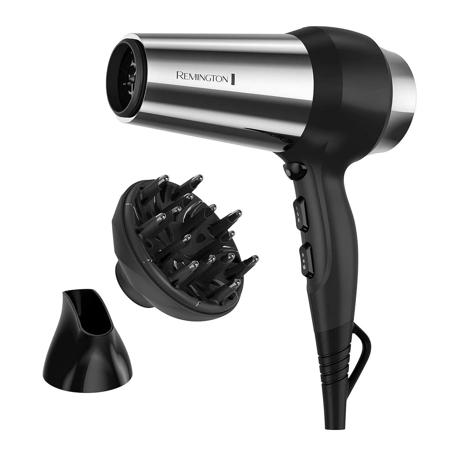 Remington impact-resistant 1875-watt hair dryer with a black and silver design, featuring a concentrator nozzle and ergonomic handle.