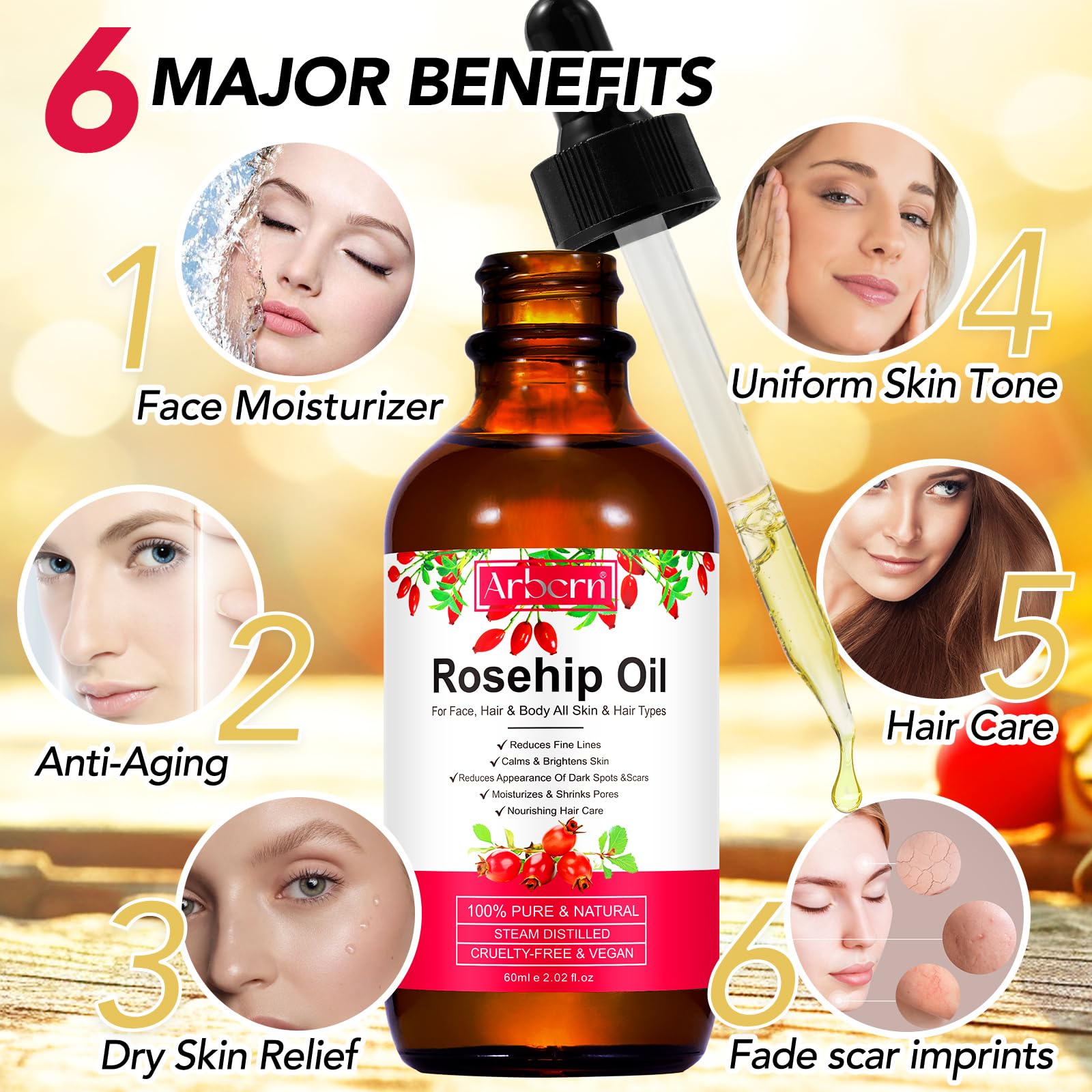 A r b c r n Rosehip Oil for Face,100% Pure Rosehip Seed Oil Cold Pressed - A r b c r n Official Product View 7