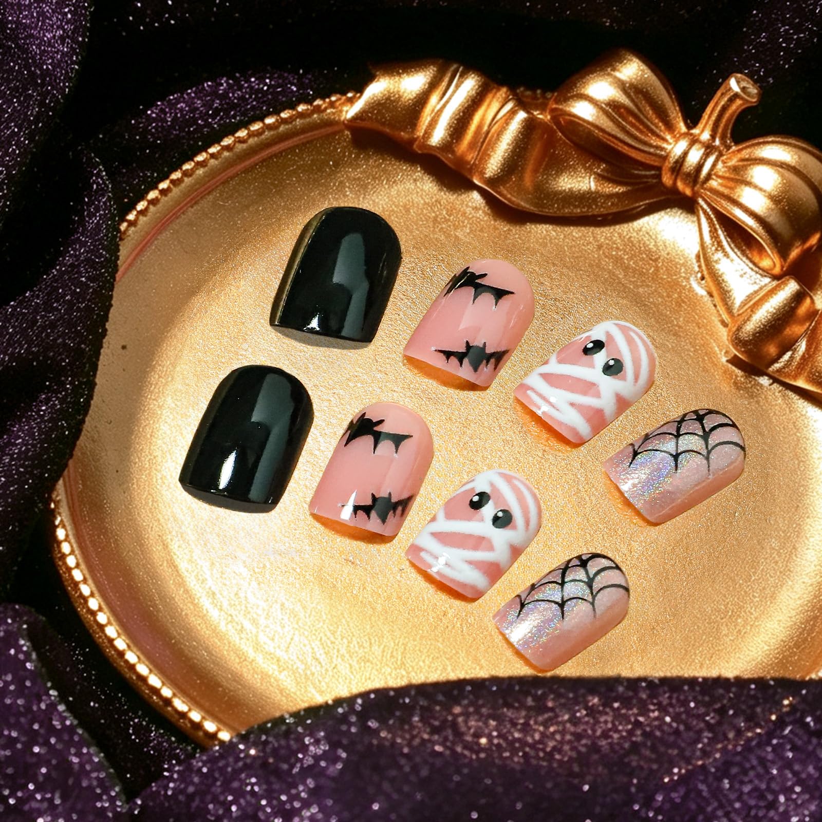 Short Pink Press on Nails Bat Spider Web Cute Halloween Fake Nail for Women